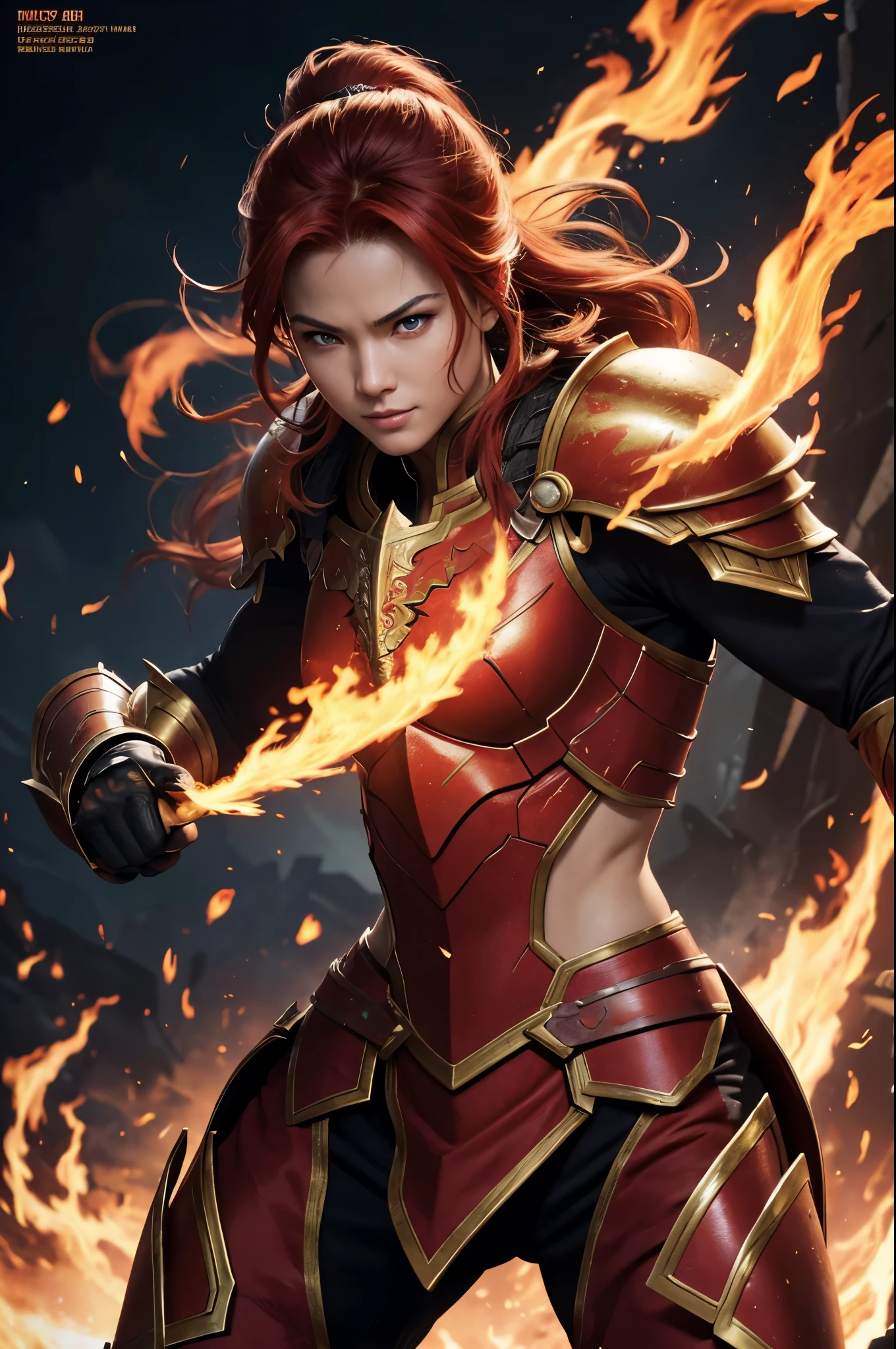 A woman in a red and gold outfit holding a sword - SeaArt AI