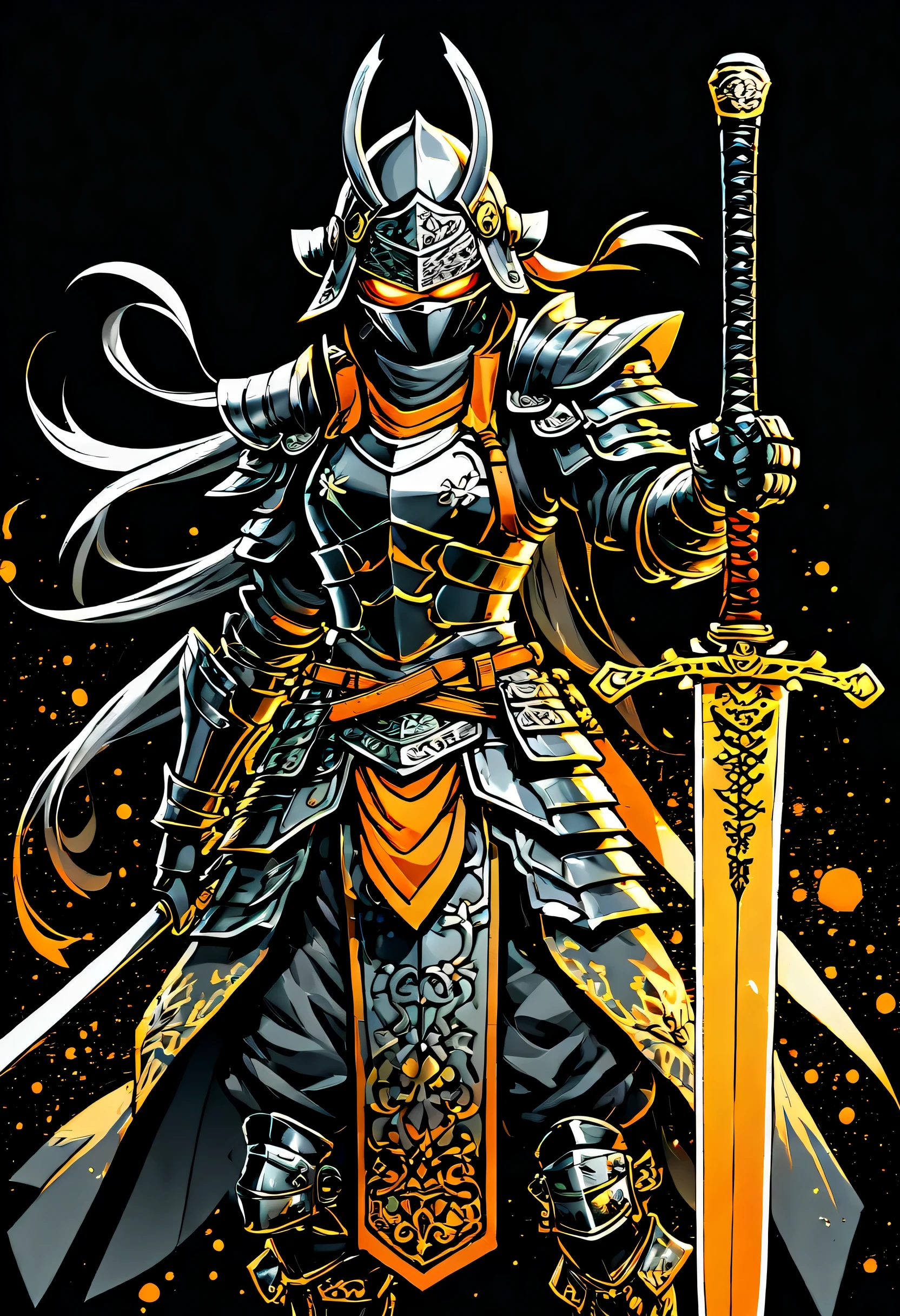 Metal orange core pulsates with energy, A fiery shadow ninja from the design sheet emerges from the darkness., (((With status window details display:1.3))), black to gray gradient background paper, various poses, fearless, Rin々New, cute, anger, laughter, Looks like dark fantasy, authentic fantasy game, Elegant and precise atmosphere, decorative sword, crystal sword, 美New鎧, Dark fantasy of elaborate armor, intricate details grunge, Very delicate touch, ultra-fine brush strokes, super high quality, highest quality, tonal contrast, high quality and resolution, ライトアップされた美New, Each piece is intricately detailed with grunge accents, its center radiates energy, Grunge with exquisite details,