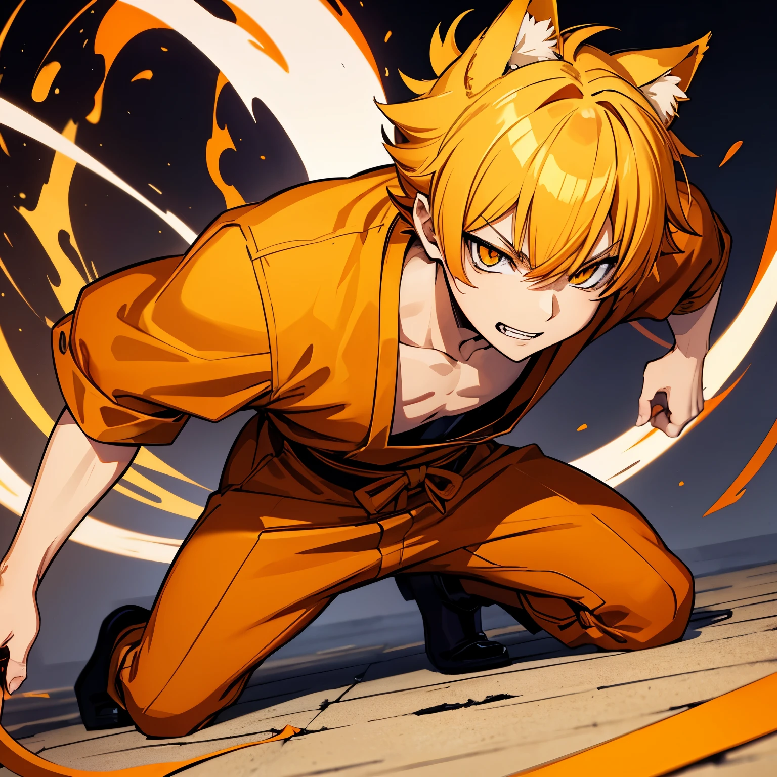 Nekomata guy bold catboy yellow short medium hair, yellow sharp eyes with red eyeliner, mischievous, sadistic, orange clothing with white and gold details, general of a samurai clan