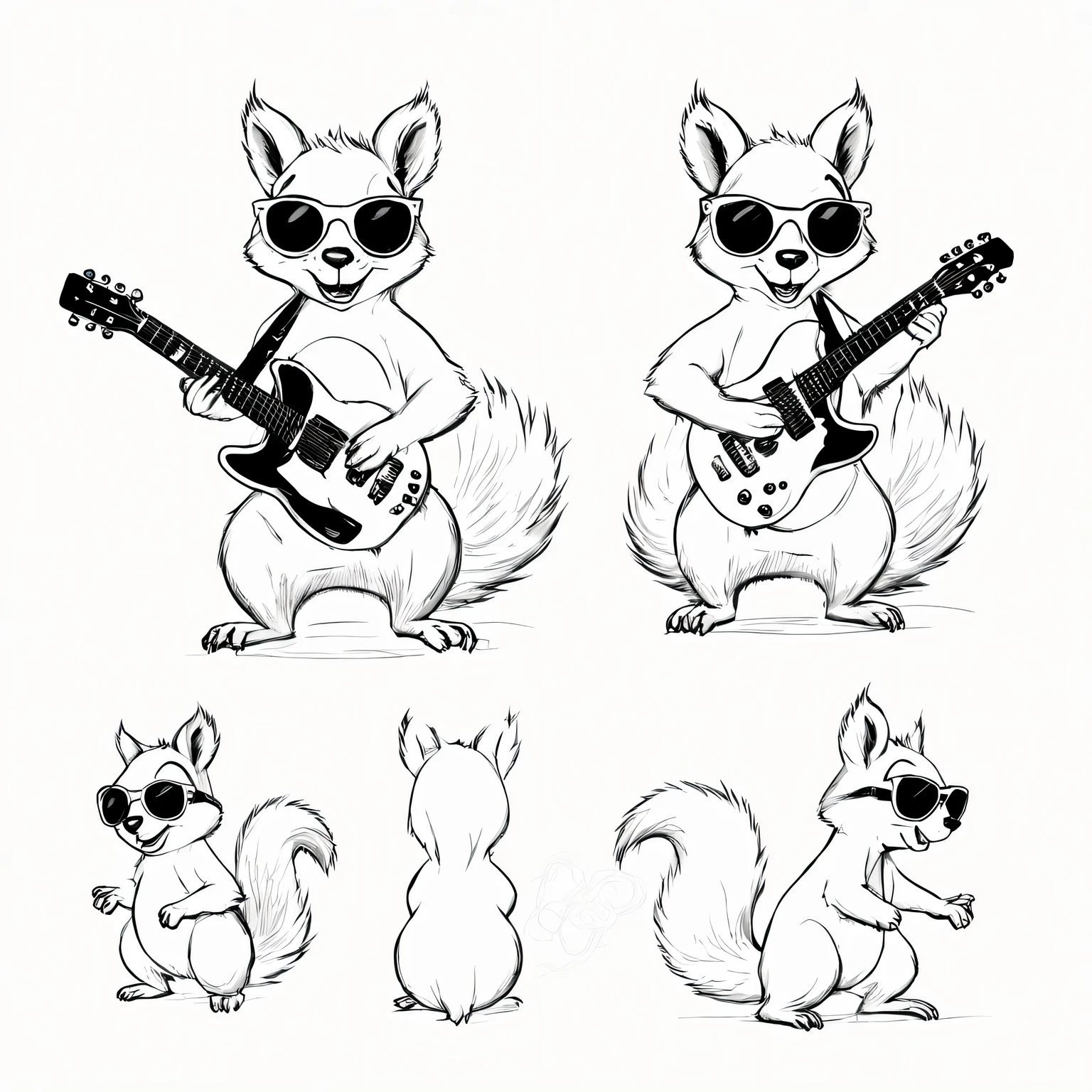 character design sheet, guitar squirrel in headphones and sunglasses, front view, Back and side, sketch on sheet