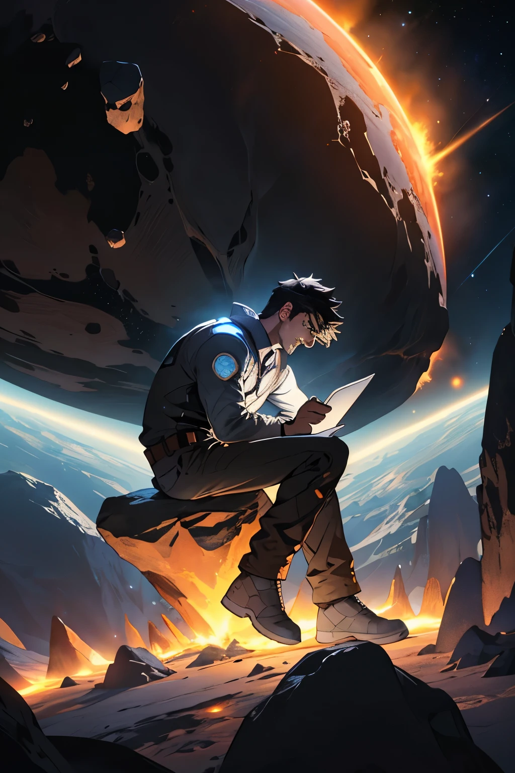 Draw a young programmer, sitting on a research platform floating in the middle of an asteroid belt. He is studying with a notebook, surrounded by several asteroids glowing with fiery auras. Dramatic lighting from distant stars and planets illuminates the scene, casting deep shadows on the suit. The young man looks confident and determined, looking at the vast and mysterious universe with wonder and respect,facial hair, cowboy shot,