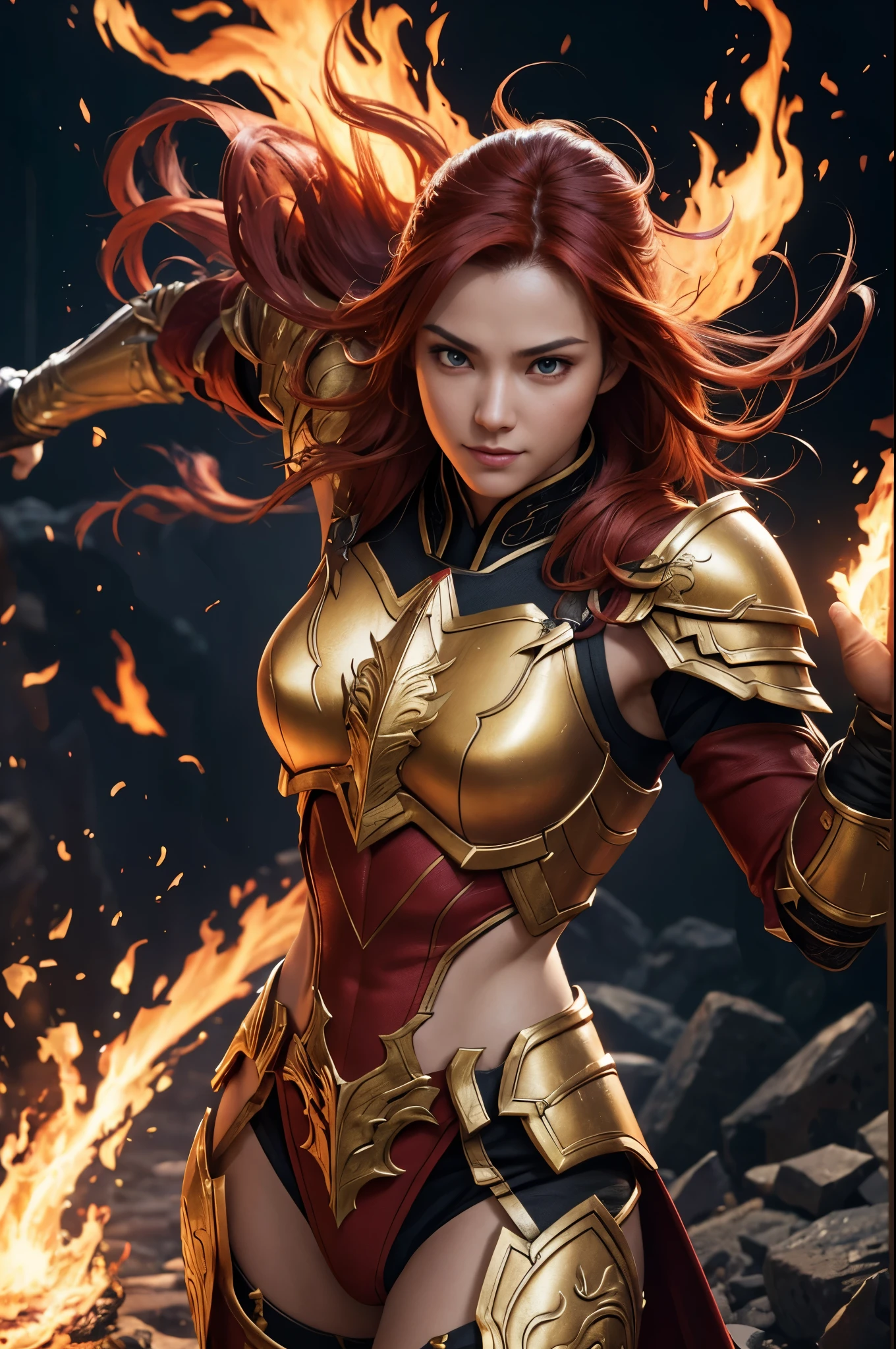 8K,fire fairy salamander,bright red spirit costume,A small-bodied reptilian spirit,wrap yourself in fire,wasteland,masterpiece,Photorealistic RAW photos of the highest quality。bright colors,rich colors, Backlight, cinematic lighting, film grain, to be born, 50mm lens, Nikon D850,detailed character art,fantasy art,ultra high resolution,Super realistic,smile,view audience,fantasy,beautiful expression,view audience,