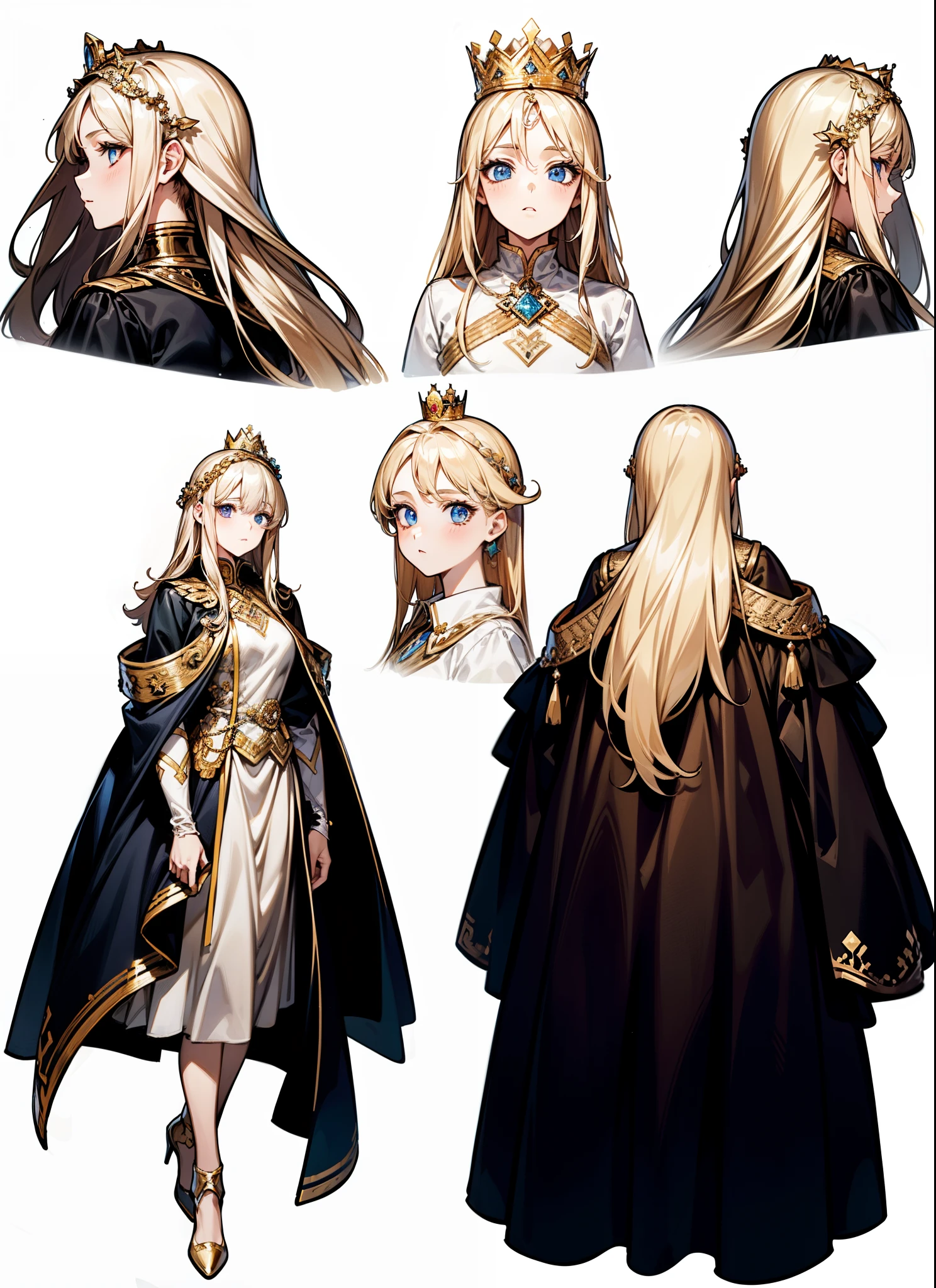 ((masterpiece)),(((best quality))),(character design sheet,same characters,front,side,Back), 1 girl, alone,long blonde hair,(((White with gold dress,Queen,crown))),Strong leadership character,Retro art style,masterpiece,best quality,top quality,super high , concept art, character concept art, character sketch, Reference table, character table, ( Background, white Background: 1.3)