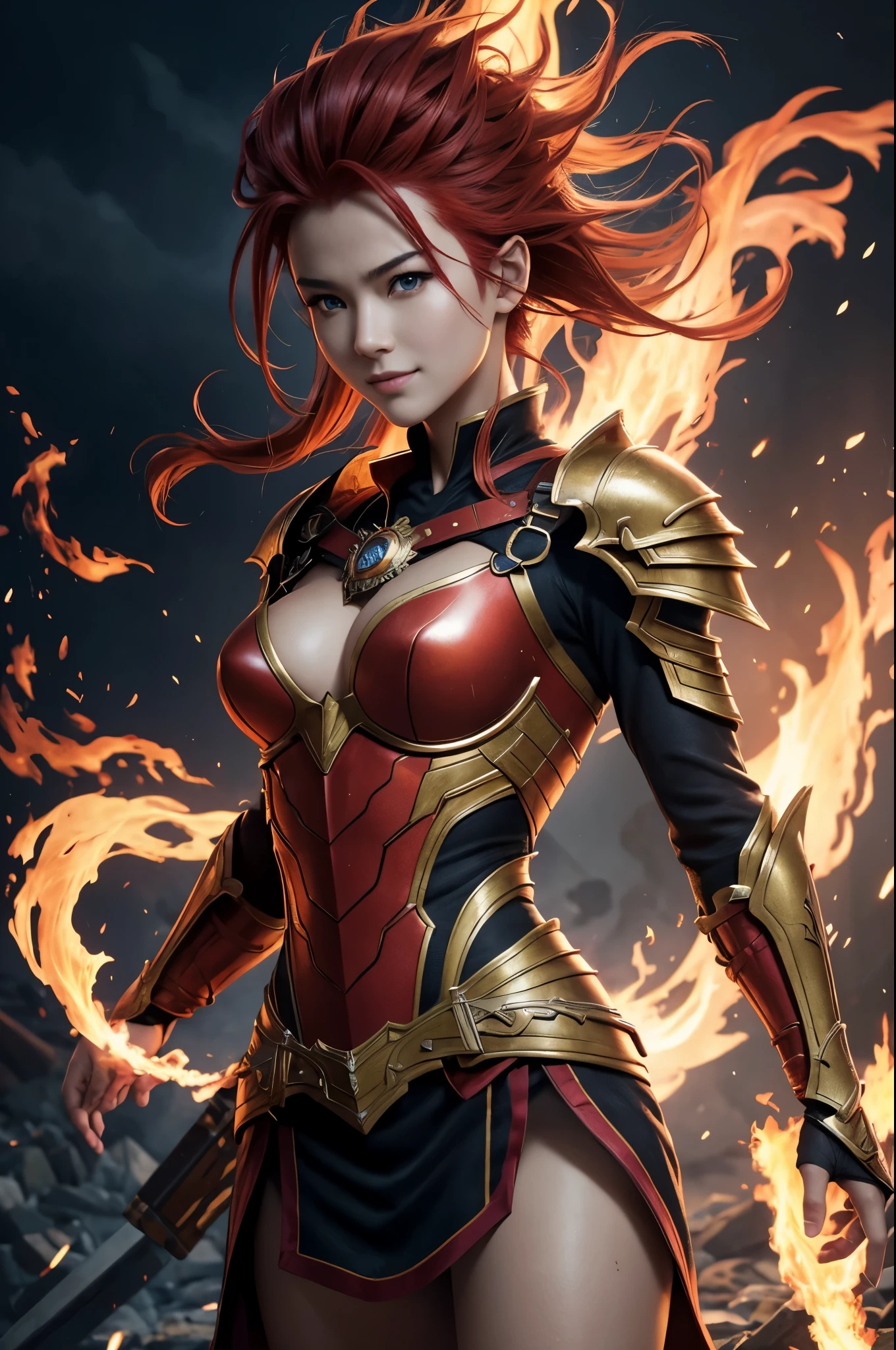 8k、alone、smileの16歳の炎神の女神,Super beautiful(like the real thing),red eyes,Super beautiful,beautiful red mohawk hair,Flashy flame god makeup,gorgeous red chest armor(flame emblem),sexy,Remains,amazing work of art、wind effect:1.9、cloud effect:1.2、explosive flame,full rendering、unreal engine,ultra high resolution,super realistic skin,Super precise hand details,fantasy art,Photorealistic RAW photos of the highest quality。Backlight, cinematic lighting, film grain, to be born, 50mm lens, Nikon D850,realistic skin,fantasy art,character art,ultra high resolution,Macho with a muscular slender body,Precise facial details,smile,Improve the quality of facial expressions,accurate human body structure,perfect hands,Flame Hair Ornament,gorgeous flame shoulder armor(flame emblem),gorgeous flame gauntlet(flame emblem),luxury leg armor(flame emblem),Violent and strongly cracked abdominal muscles,