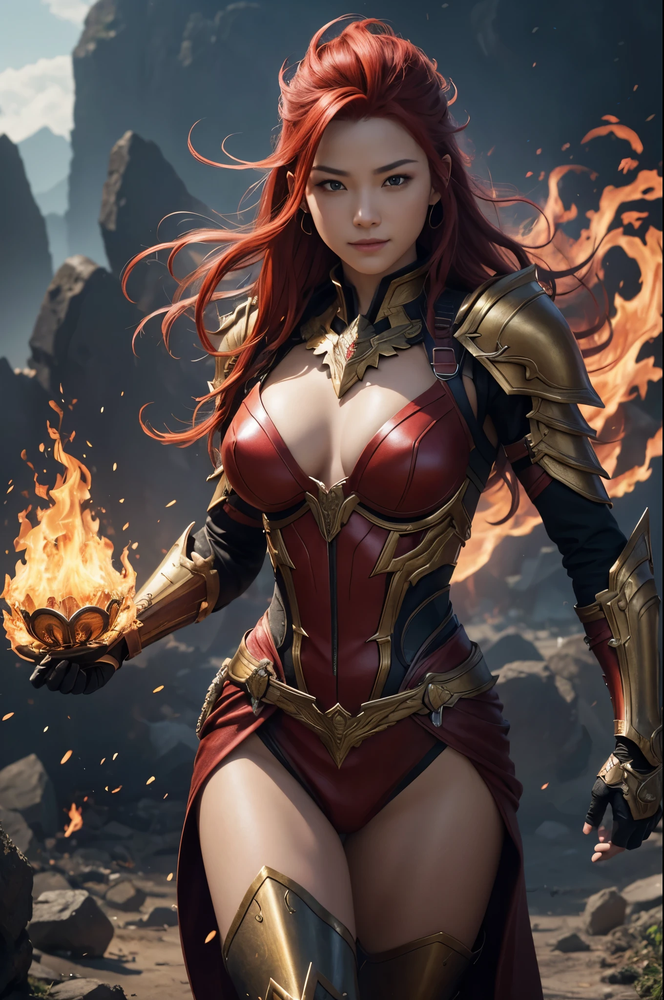 8k、alone、smileの16歳の炎神の女神,Super beautiful(like the real thing),red eyes,Super beautiful,beautiful red mohawk hair,Flashy flame god makeup,gorgeous red chest armor(flame emblem),sexy,Remains,amazing work of art、wind effect:1.9、cloud effect:1.2、explosive flame,full rendering、unreal engine,ultra high resolution,super realistic skin,Super precise hand details,fantasy art,Photorealistic RAW photos of the highest quality。Backlight, cinematic lighting, film grain, to be born, 50mm lens, Nikon D850,realistic skin,fantasy art,character art,ultra high resolution,Macho with a muscular slender body,Precise facial details,smile,Improve the quality of facial expressions,accurate human body structure,perfect hands,Flame Hair Ornament,gorgeous flame shoulder armor(flame emblem),gorgeous flame gauntlet(flame emblem),luxury leg armor(flame emblem),Violent and strongly cracked abdominal muscles,
