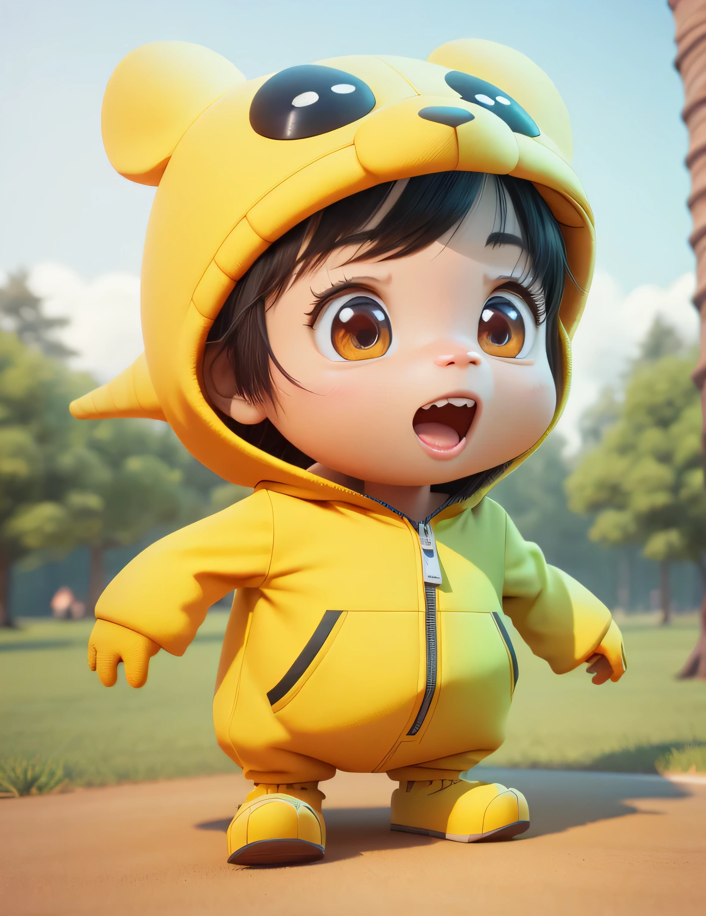 There is a cartoon character in the park, cute 3 d render, Female mini cute girl in a yellow dinosaur suit, Cute detailed digital art, official fanart, Mobile game background, animation style render, trending on cgstation, Cute! C4D, 8K Forest, adorable digital art, 8 K cartoon illustration, Cute cartoon character, 3 d desenho animado,C4D,Cartoon stylized 3d rendering,Party,Render together,toon render keyshot,3D stylized scenes,animation style render,3D clay rendering。