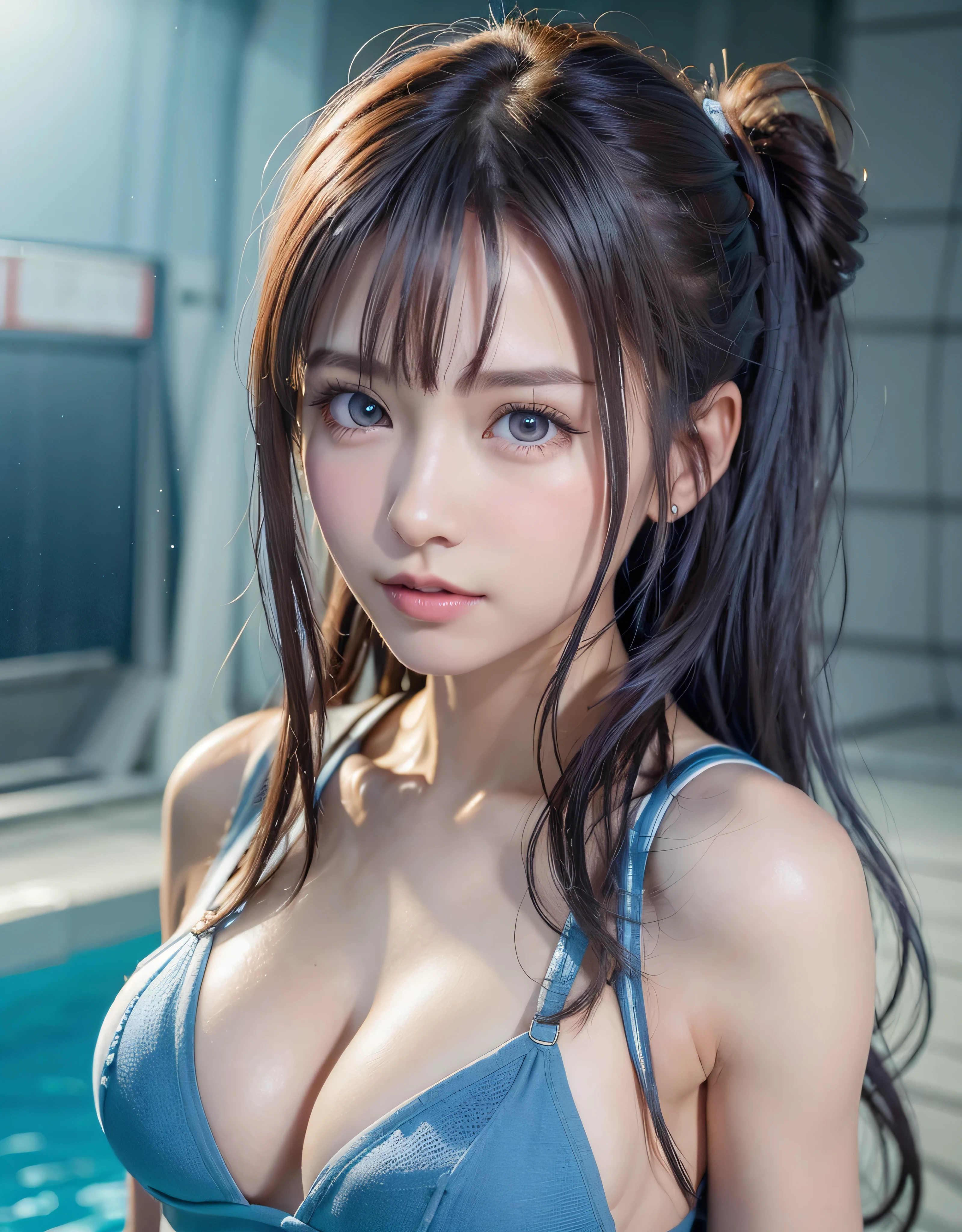 highest quality、8K masterpiece、超A high resolution、(Photoreal:1.3)、RAW photo、1 girl、silver hair、braided twin tails、glowing skin、1 Super Beautiful College Girl、((Ultra realistic details))、portrait、global illumination、Shadow、octane rendering、8k、super sharp、very intricate details、realistic light、Trends in CG society、beautiful eyes、blue shining eyes、towards the camera、swimsuit、pool、swim、