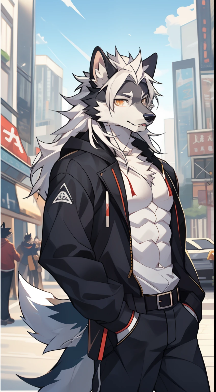 a man, 25, black skin, white hair, long hair, wolf ears, wolf's tail, werewolf,, muscular,