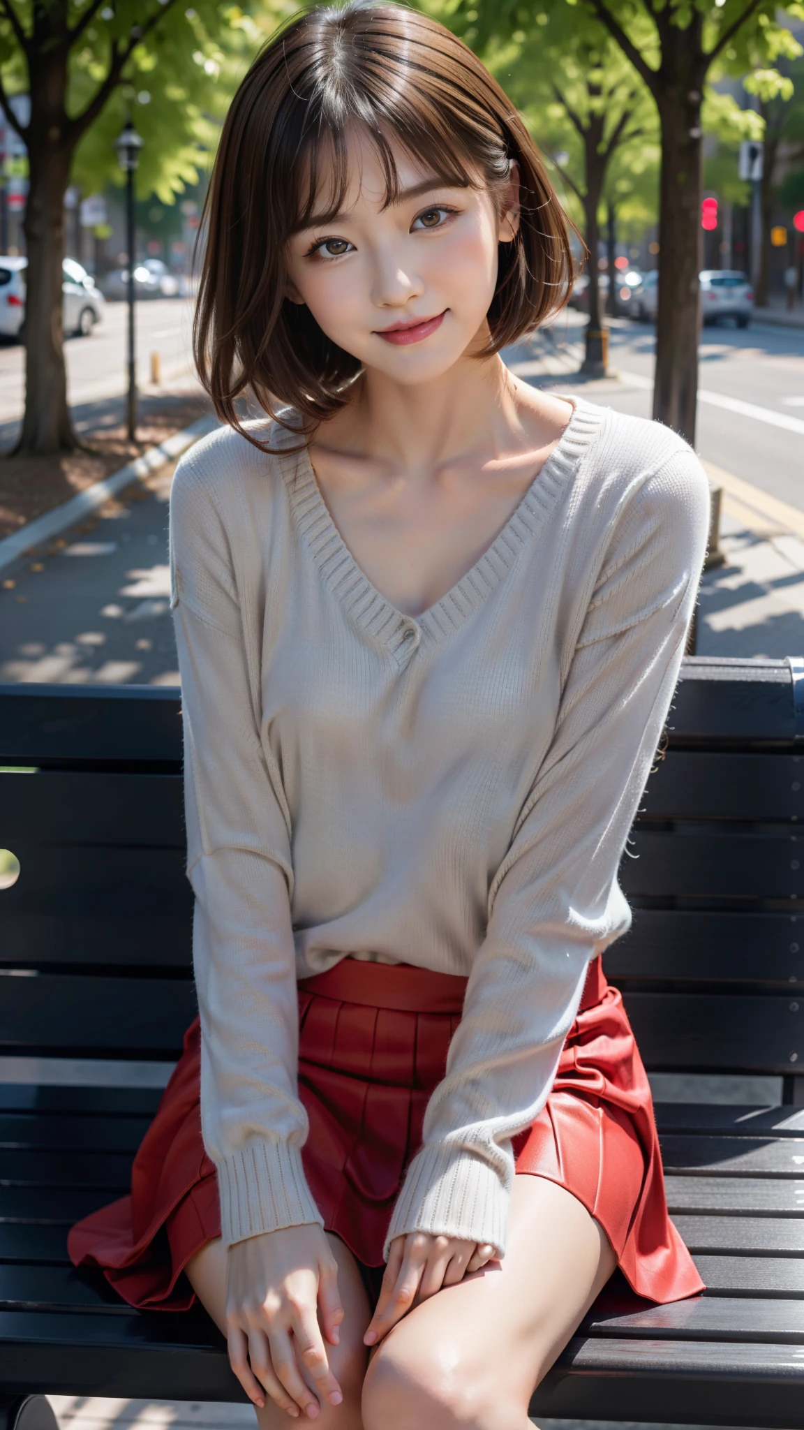 Photo taken by a professional photographer，laughter:1.5， wearing a sweater, short cut brown hair, young and cute girl, Wearing a flared skirt，Wear stylish boots，sit on a park bench:1.5，Flashy makeup with red eyeshadow，