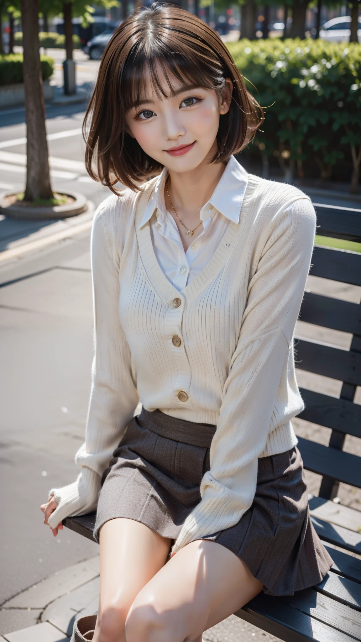 Photo taken by a professional photographer,laughter:1.5, wearing a sweater, short cut brown hair, young and cute girl, Wearing a flared skirt,Wear stylish boots,sit on a park bench:1.5,Flashy makeup with red eyeshadow,