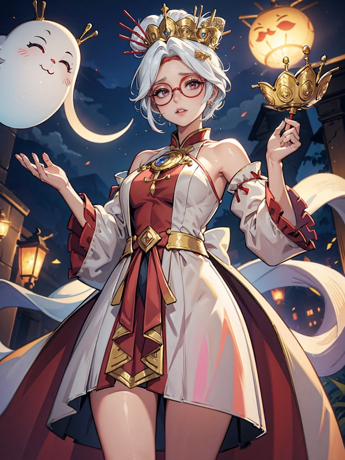 ((Shy, kawai, standing, ((muque pose)), cute, Masterpiece, Best Quality, Purah, White Hair, Red Eyes, Red Headband, Hair Ornament, Hair Sticks, Red Glasses)), ((pink lipstick, Extremely detailed, ambient soft lighting, 4k, perfect eyes, a perfect face, perfect lighting, a 1girl)) , (extremely detailed beautiful face), ( crown, diamond tiara, (dress queen, Queen, Empress, fighting position, Ghostly background), foggy, The Queen's Spirit, surreal portal, sensual crescent moon)), blushing, diamond, earrings, jewelry) 1girl, solo, standing