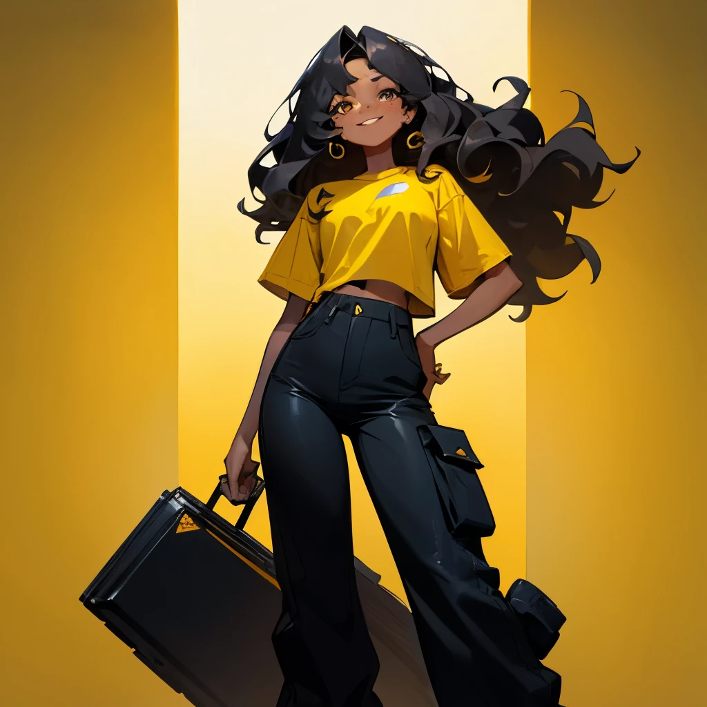 a picture of whole body of a girl with wavy hair just below her shoulder. her skin isn't dark but not also fair, just between the two. the height would be 5'7 and she was smiling at the photo. she was wearing a black baggy pants with a tucked in yellow t-shirt and a white rubber shoes