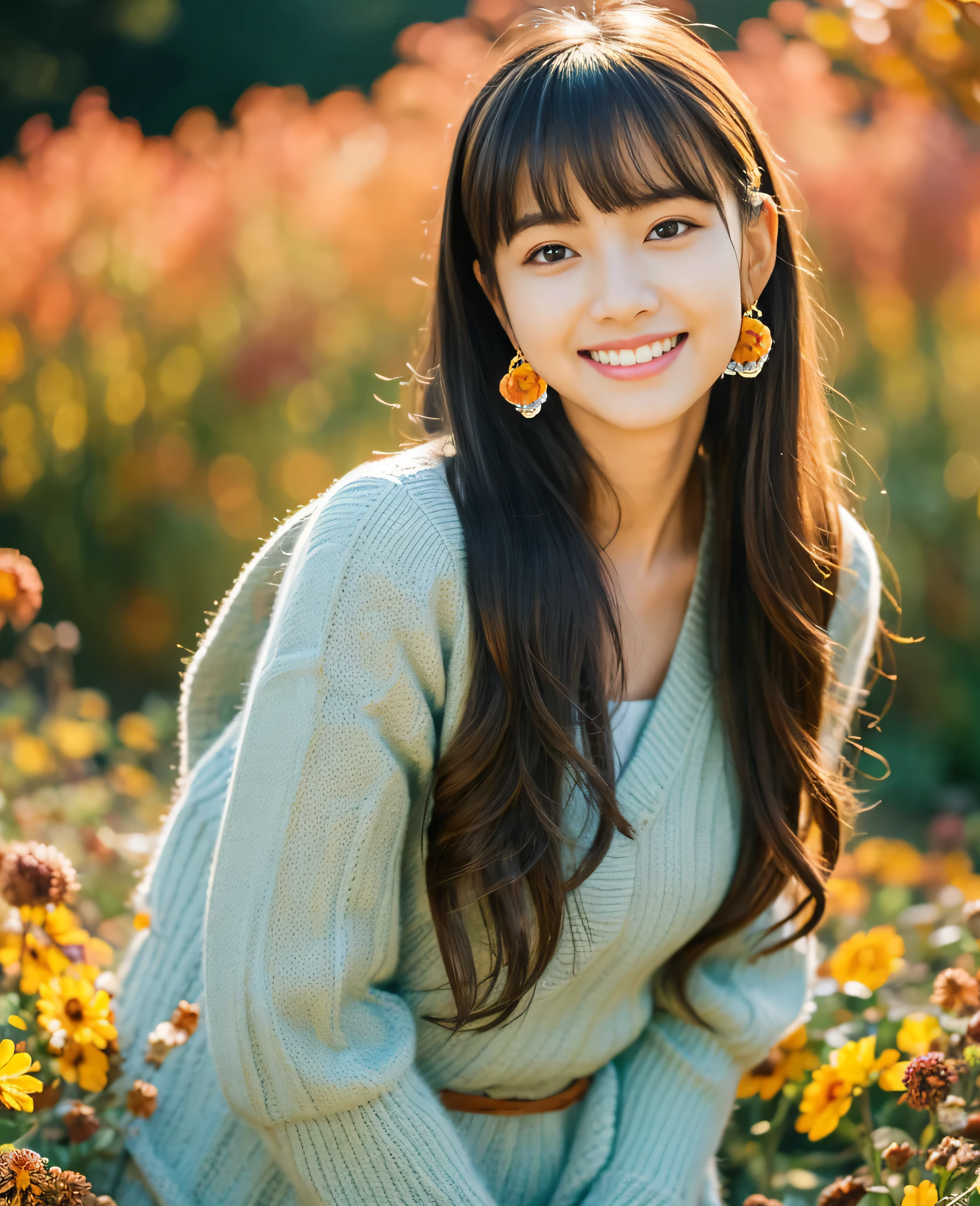 ((Masterpiece)), 8k, Masterpiece, Highest Quality, 1 Girl, Solo, Realistic, Autumn Garden, Photorealistic, Super Detailed, Detailed Background, (Solo: 1.4), Happy Expression, Slender Body, Realistic Highly detailed long hair, intricate details , masterpiece, top quality, waist shot, (colorful flower field background)), smile, ((looking at camera)), earrings, long straight black hair, asymmetrical bangs, natural chest,