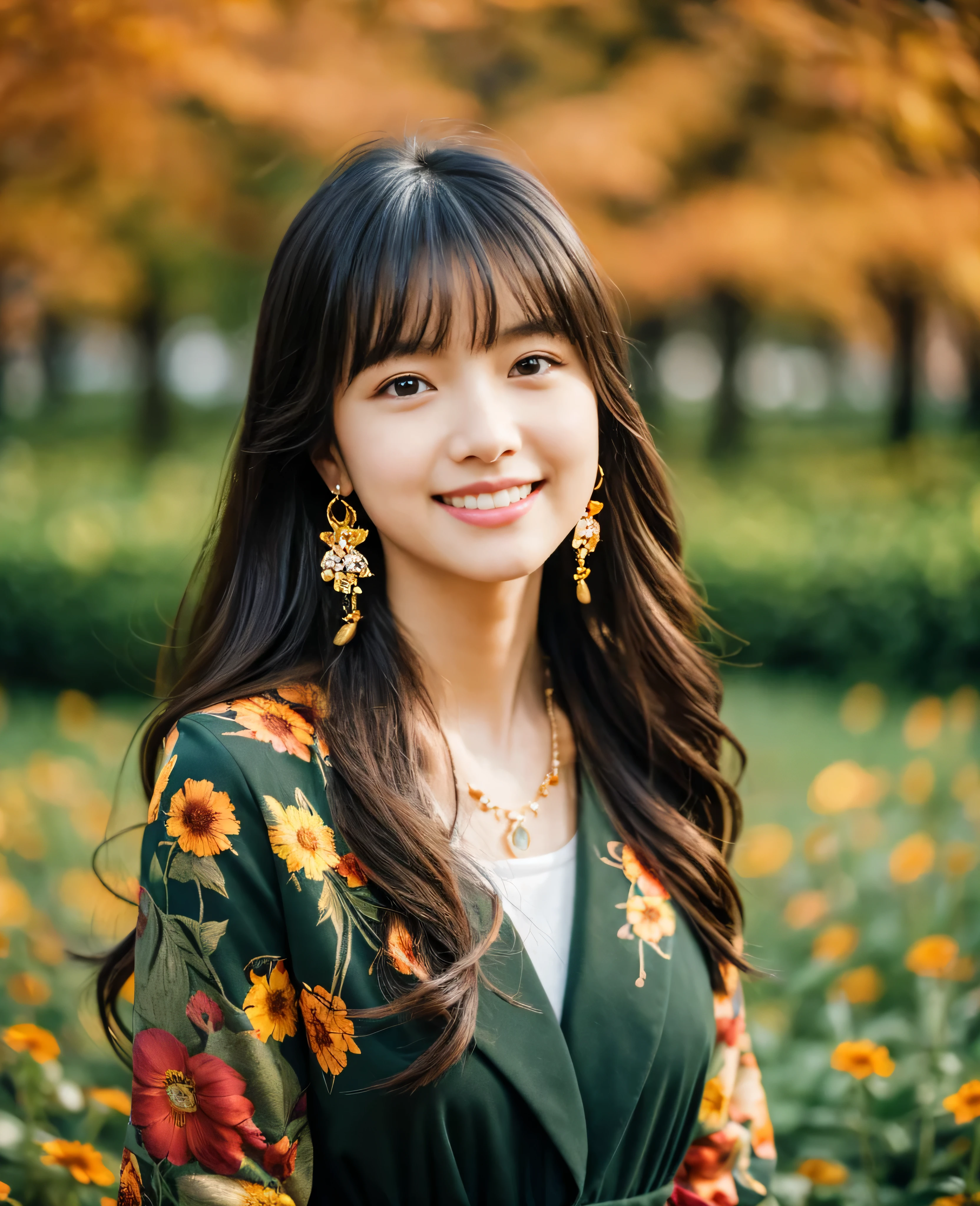 ((Masterpiece)), 8k, Masterpiece, Highest Quality, 1 Girl, Solo, Realistic, Autumn Garden, Photorealistic, Super Detailed, Detailed Background, (Solo: 1.4), Happy Expression, Slender Body, Realistic Highly detailed long hair, intricate details , masterpiece, top quality, waist shot, (colorful flower field background)), smile, ((looking at camera)), earrings, long straight black hair, asymmetrical bangs, natural chest,