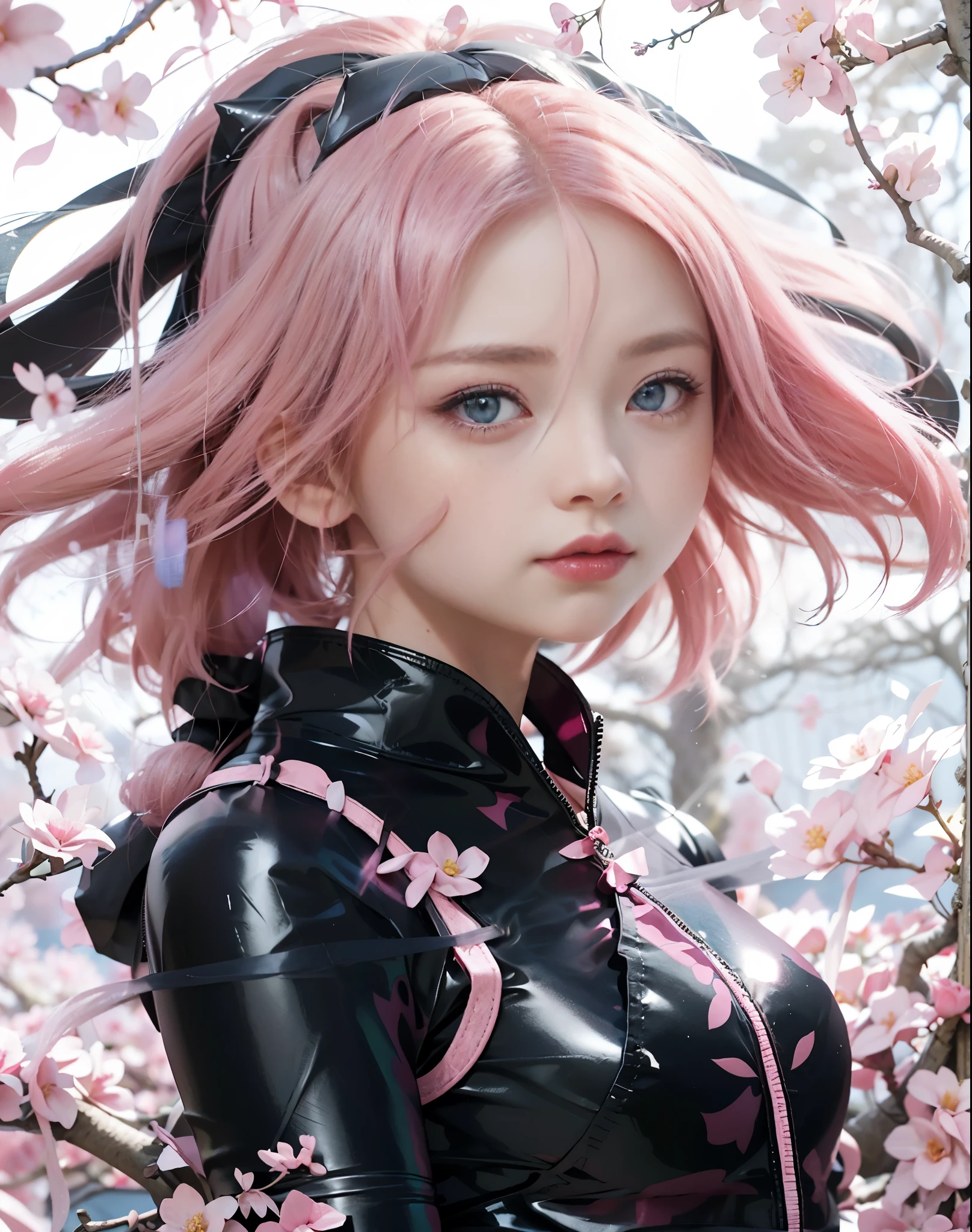 Anime girl with pink hair and blue eyes, Haruno Sakura, Haruno Sakura, Haruno Sakura in slug sage mode , beautiful anime portrait, young anime girl, digital animation art, Stunning anime face portraits, anime style portrait, digital anime illustration, Portrait of an anime girl, anime portrait, anime illustration,black clothes,black headband,Latex clothing,Black tulle tights