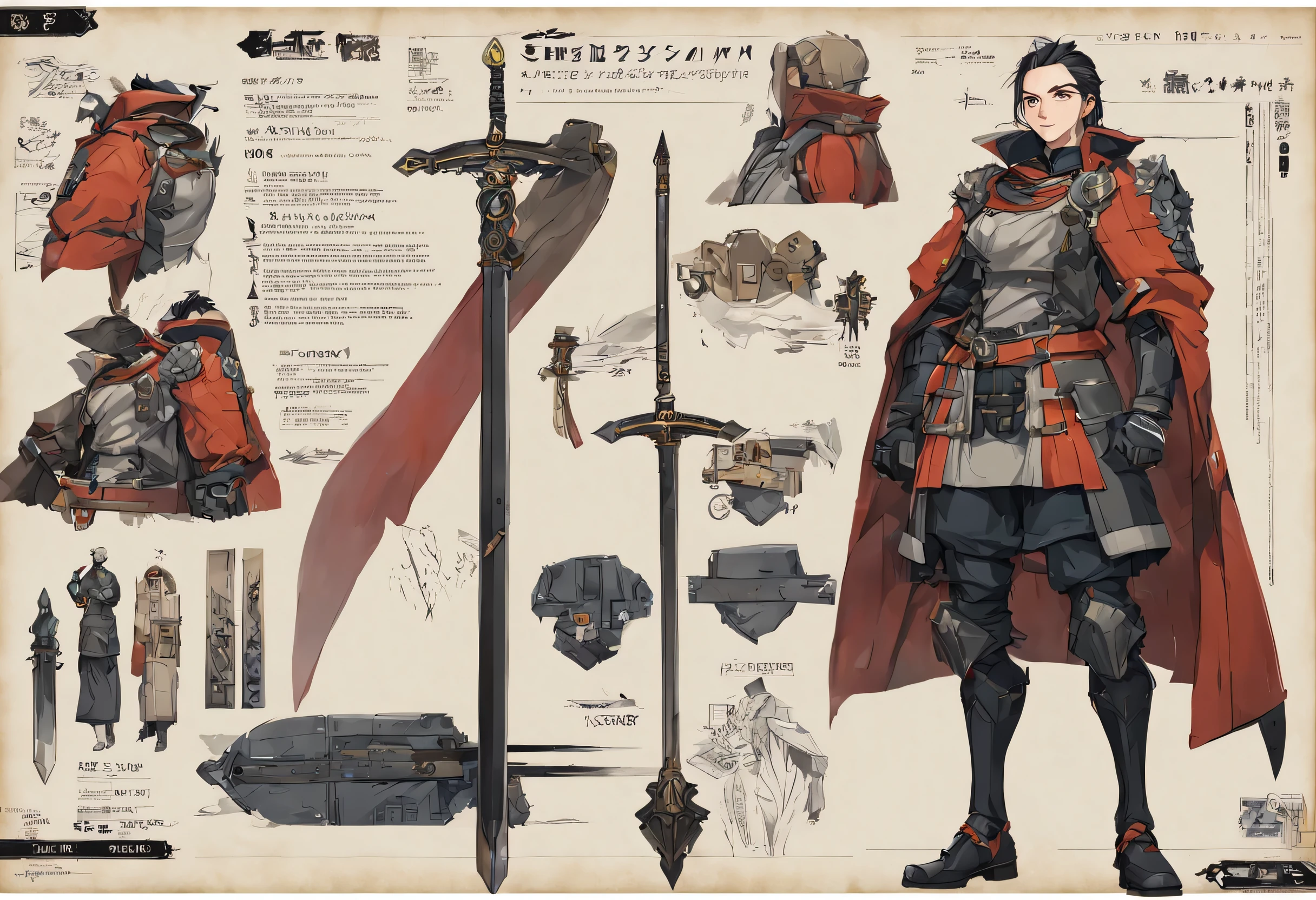 character design sheet，Beautiful armed swordsman，watt，Ultra-fine，Super accurate，super detailed