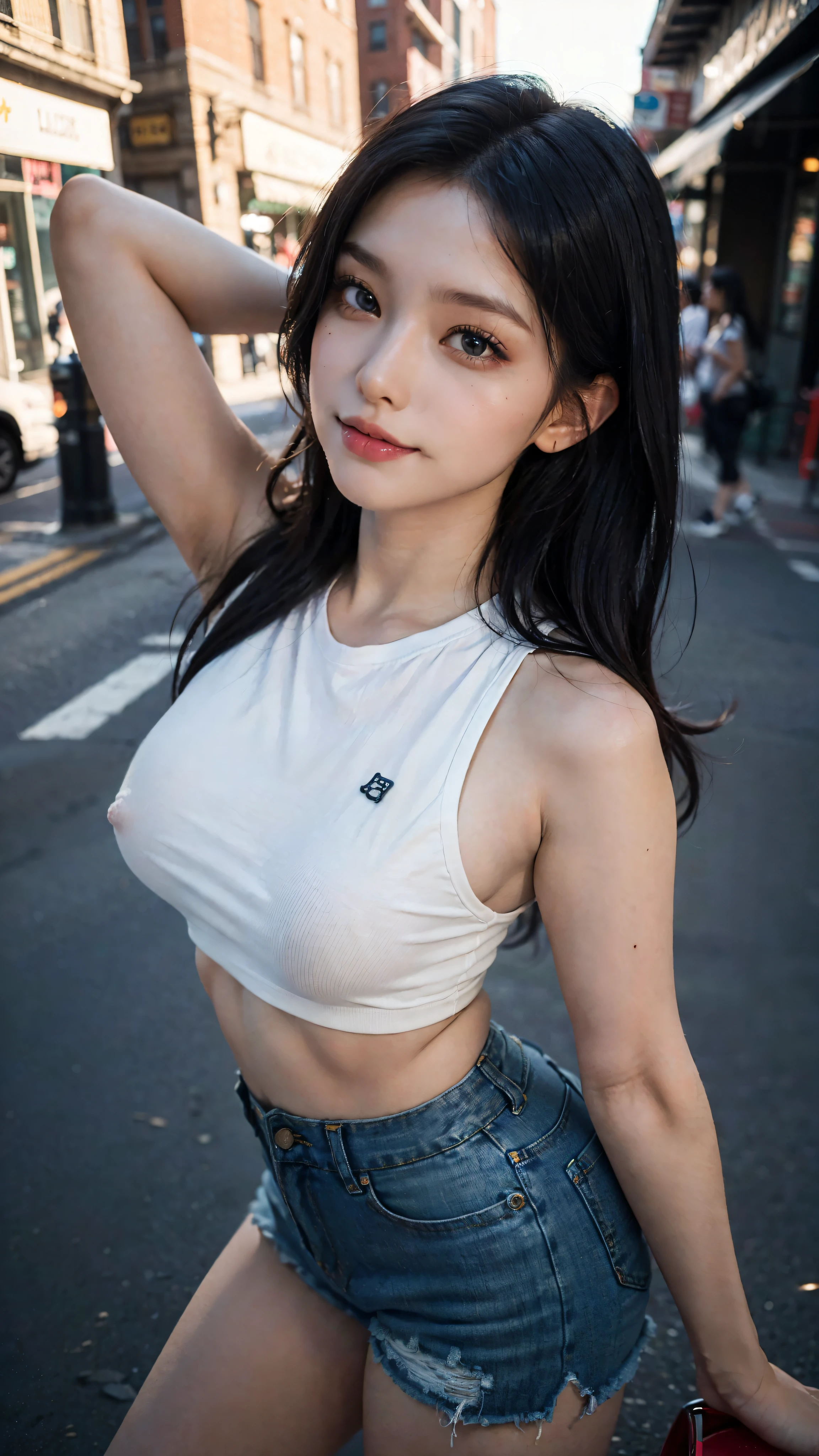 ((1girl), 8K, Best quality, High resolution:1.35, RAW photo:1.2, Photorealistic:1.37, Hyper-realistic, Masterpiece: 1.25, Cute face, Long eyelashes, detailed eyelashes, eye shadows, glowing eyes, realistic eyes, Natural makeup, Clear facial features, curvy build, Slim body, Showing stomach, Fine detailed beautiful eyes: 1.2, Happy Expression, Fleshy thighs, Dynamic pose, Dynamic angle, Show armpits, (Tight shirt), Short pants, , A cup, Photon maping, Professional lighting, symmetry, Elegance, Street background, Day light