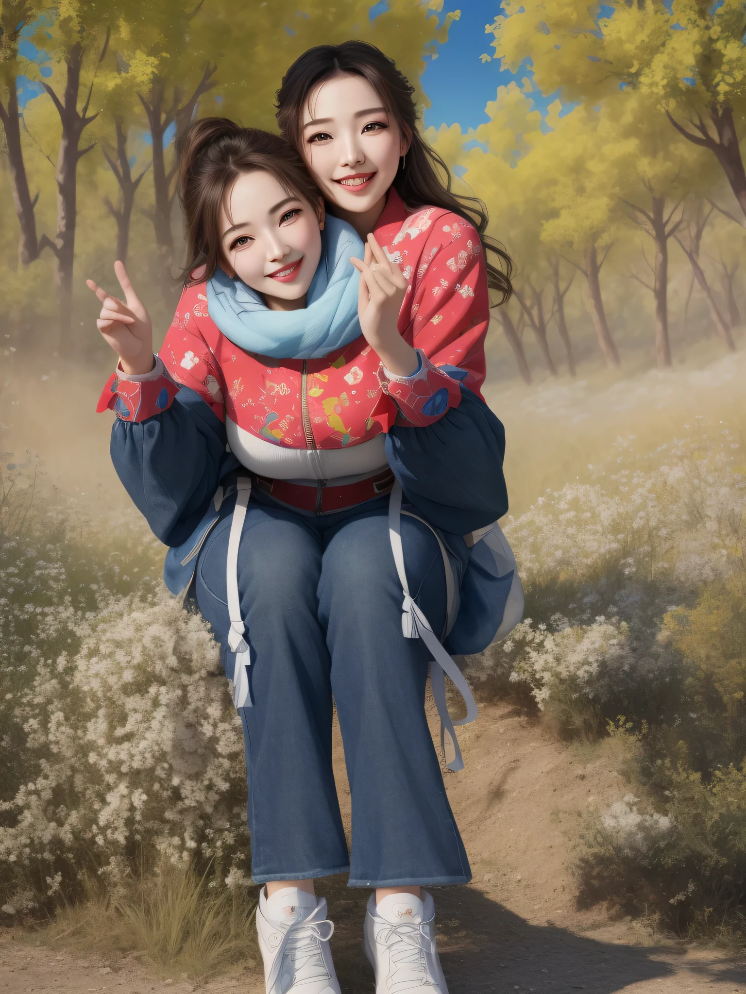 masterpiece, best quality, hyperrealistic illustration, 16k, (high dynamic range), high resolution, woman_alone, delicate face, normal face, perfect hands, smiling, happy, blue sky, Baiyun,