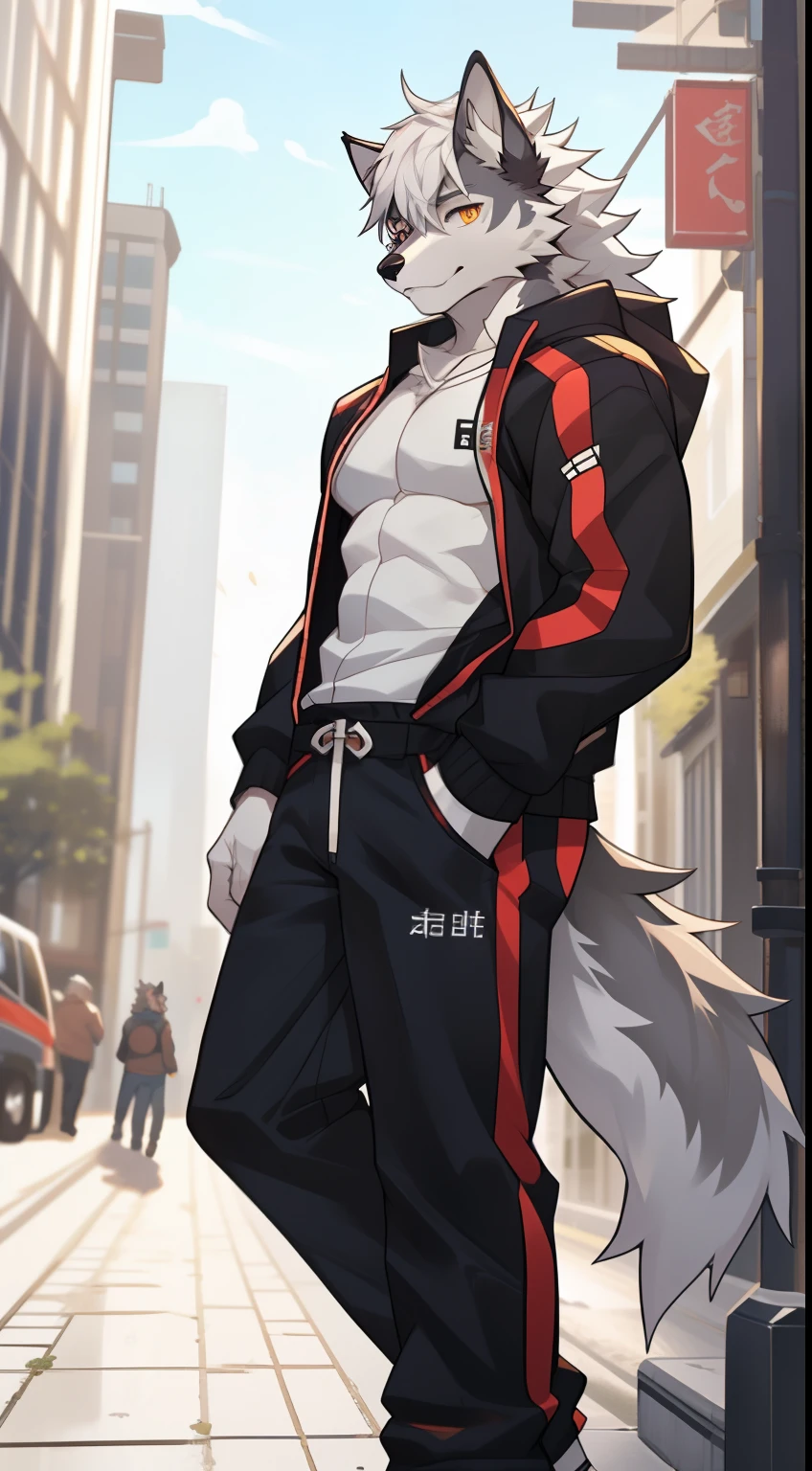 gray wolf,long white hair,City,golden pupils,Handsome,Have a better figure,Say hello by chance,Cai Xukun's