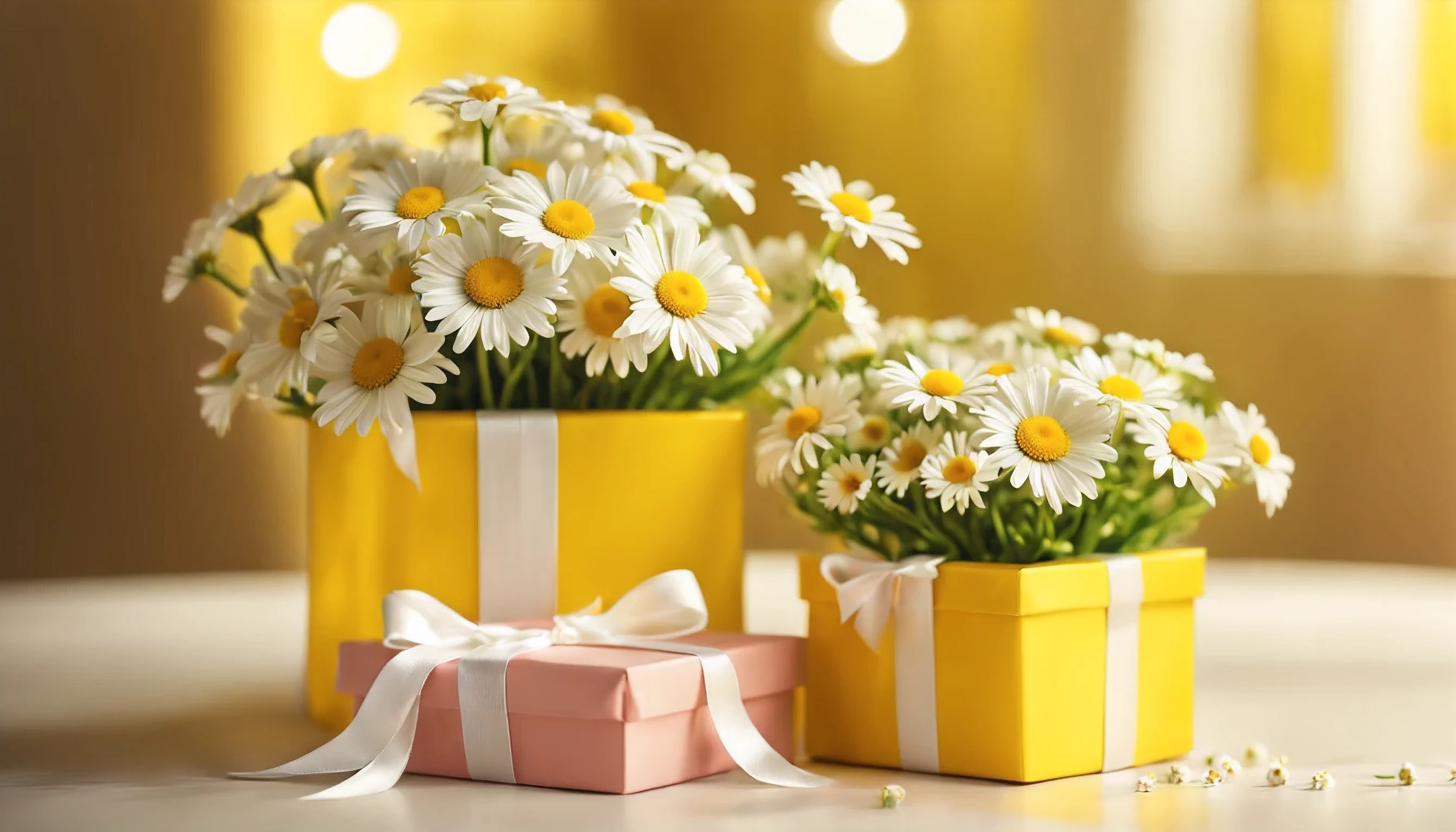 (((masterpiece))),(best quality),((ultra-detailed)),a  two gift boxes with a bow ,a beautiful bouquet of little white daisies in a yellow vase on the table , summer, warm light, bokeh, many detals, photorealism, 8k,photo r3al