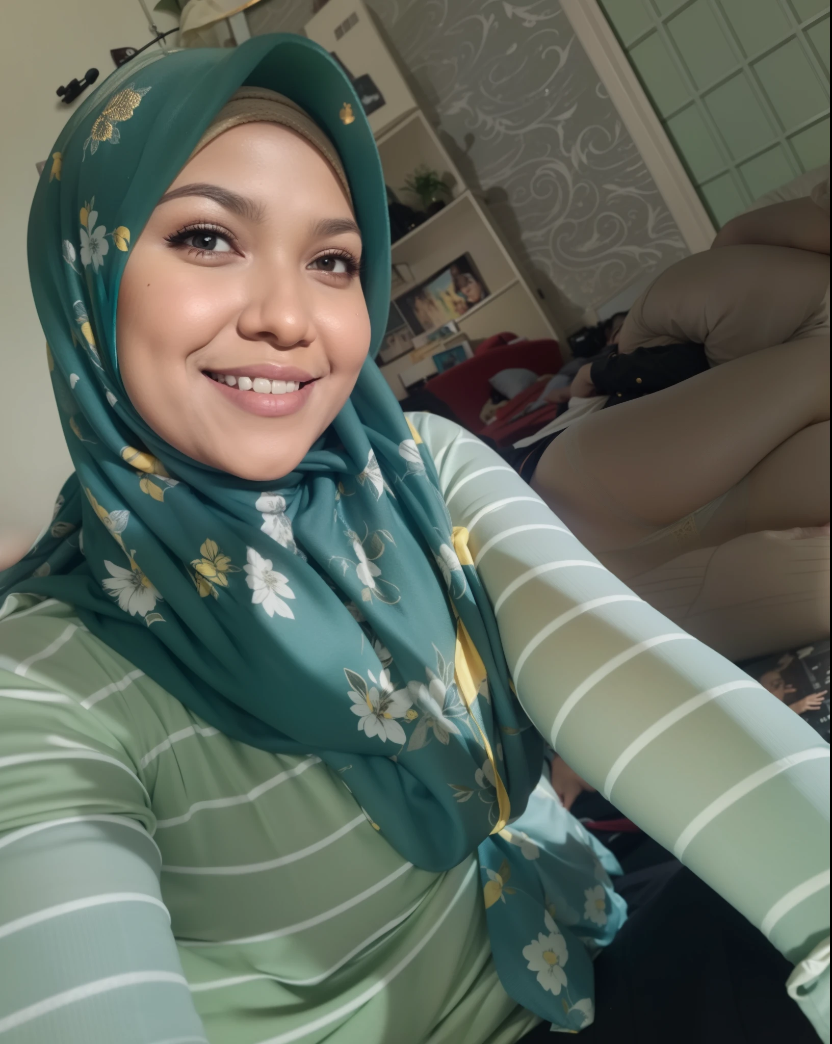 ((HIJAB)), ((YELLOW LINGERIE)), ((SHORT HIJAB)), Portrait photo of a matured chubby malay girl, curvy, (laughing:1.2), hijab,malaysian, posing, look at a camera, nerd, wear white shirt and short pleated skirt, full body, room background, big breast,nighttime, backlit, epic realistic, hyper detailed, detailed skin texture, mole below eye, natural skin texture, mole in body, insane details, intricate details, accent lighting, soft volumetric light, bokeh, (dramatic light:1.2), (neutral colors:1.3), cross process, living room background, ((detailed realistic face and eyes)), good lighting, 8K resolution, Legs Wide Open, spread Legs, lying on bed, Liquid from the Crotch, Blushing, fat,