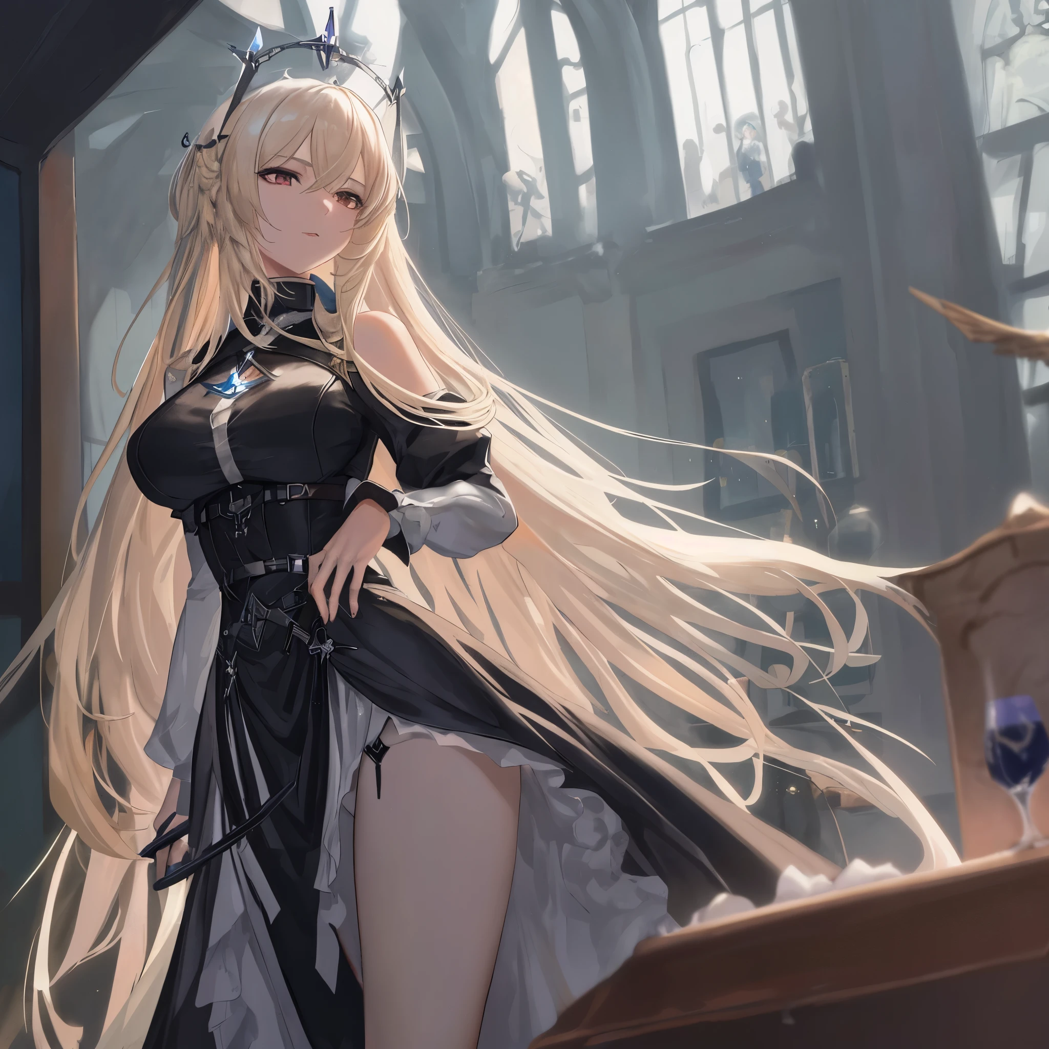 Nightingale from Arknights, an ethereal angel in 8k resolution, graces the scene with her fit body and seductive allure, clad in a tight, sexy ta dress. She gracefully holds a long, intricately detailed light sword in her hand, her captivating face adorned with finely detailed anime features, big bubbling eyes, and luscious blonde locks that cascade down her back. The scene is darkened, Anti-aliased for a smoother, more detailed appearance, with dramatic shadows adding depth and texture to this masterpiece.
Her long, slender fingers are drawn with meticulous detail, adorned with delicate
