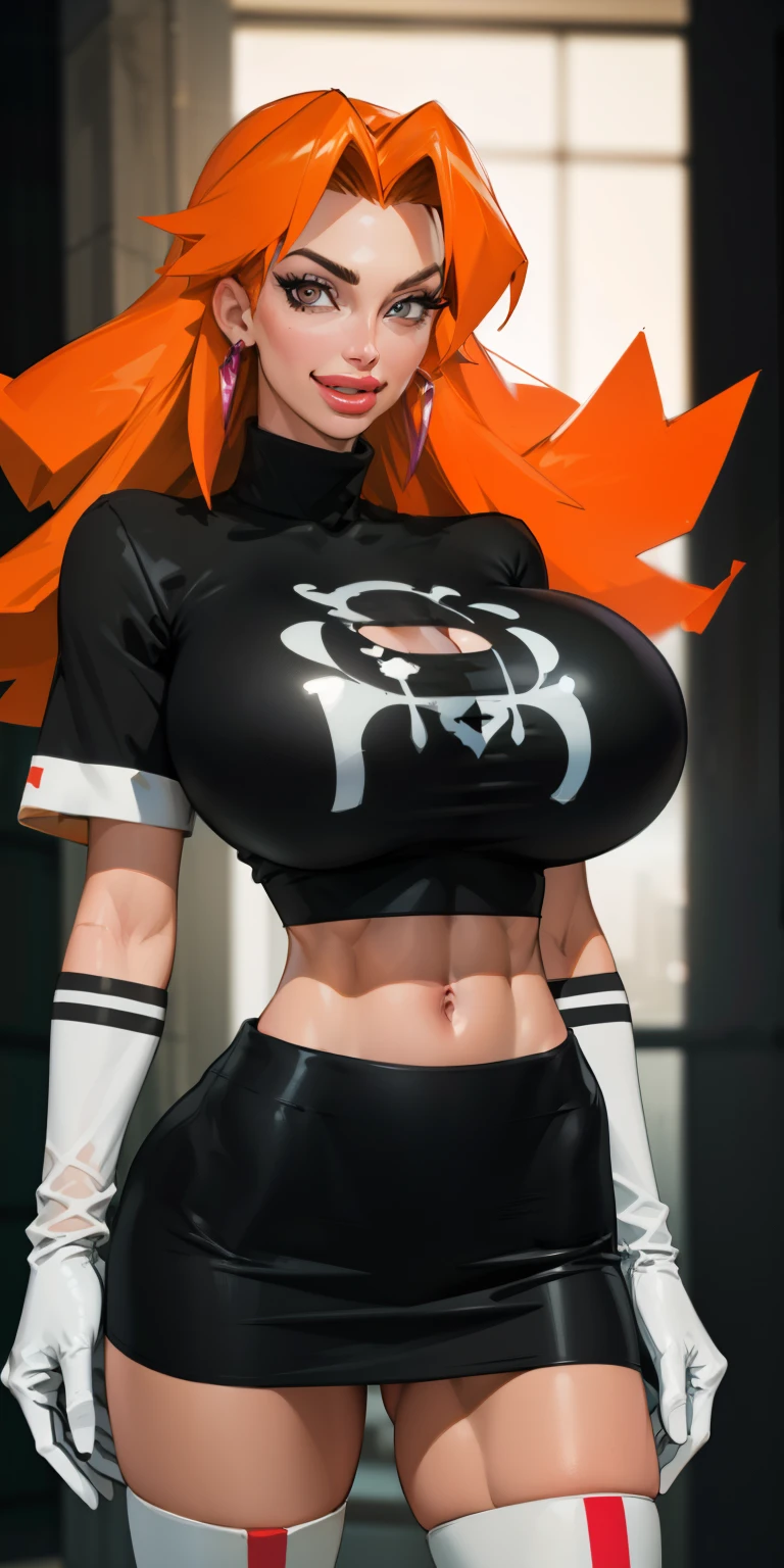 (best quality,4k,8k,highres,masterpiece:1.2),ultra-detailed),HDR,UHD,1girl, full body of beautiful cassidy, (black turtleneck top), looking at viewer, volumetric lighting, best quality, masterpiece, realistic , (gigantic breasts), 1girl, face portrait of cassidy evil smile, team rocket,volumetric lighting, best quality, masterpiece, retro artstyle, ((cassidy)), (gigantic breasts), (orange hair), ((black uniform)), ((black skirt,midriff)), ((white pirate boots)), navel, long hair, ((white opera gloves)), cowboy shot