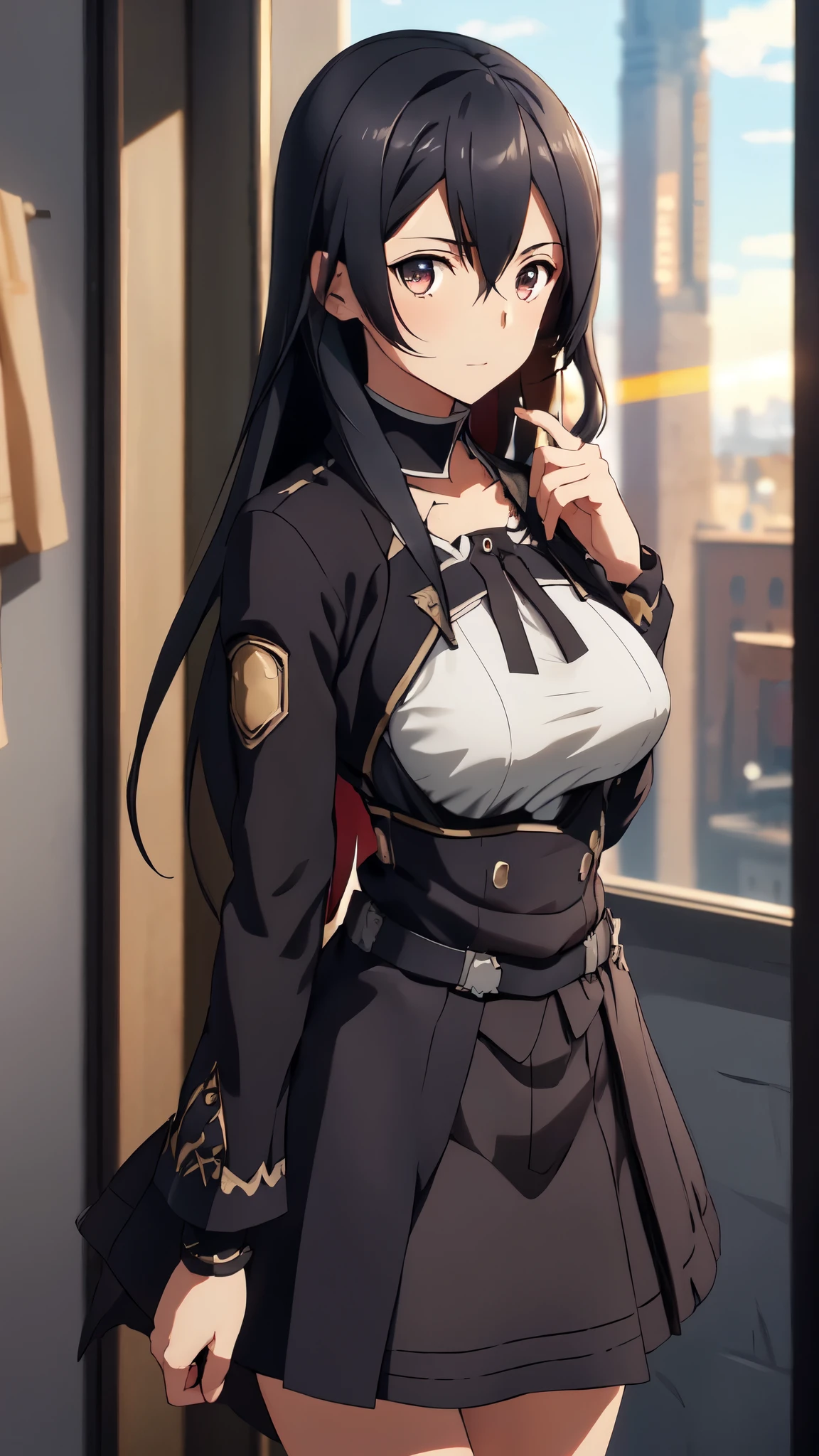 1girl, in front of you, looking at the audience, beautiful kirito_ggo, long hair, black hair, brown eyes, perfect proportion, huge tit, seductive girl, uniform, black skirt, in room, best quality, masterpiece, intricate details, tonemapping, sharp focus, hyper detailed, trending on Artstation