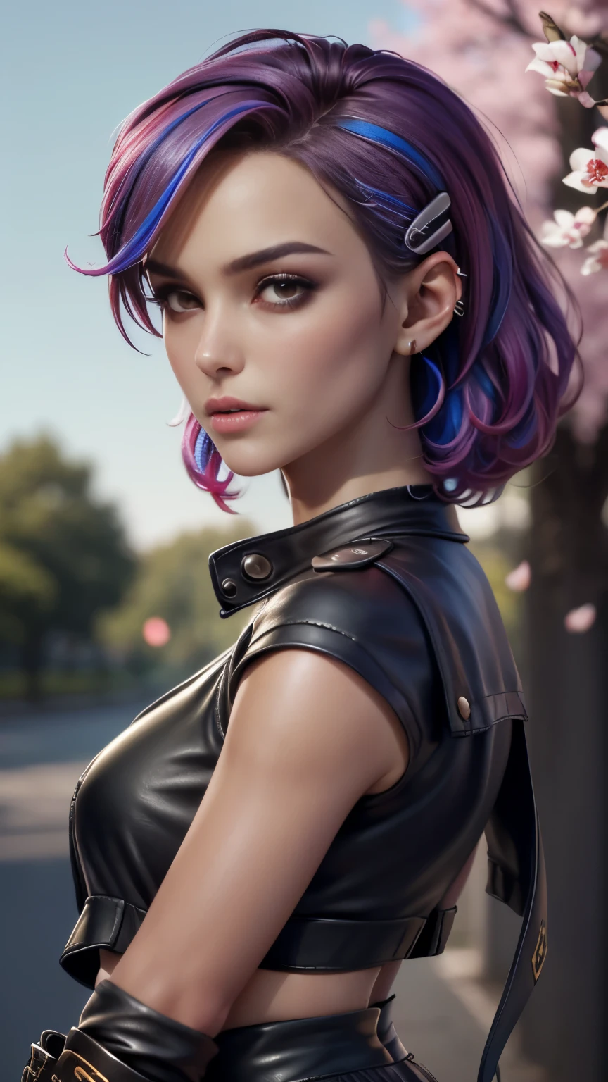 photo of celebrity, RAW, beautiful woman, ((portrait)), ((detailed face, colorful rainbow hair:1.2)), ((detailed facial feature, detailed skin, clear skin, parted lips), (perfect proportioned body, medium breasts, side boob), (wearing cropped cloth tunic , leather shorts, van braces, boots with shin guards, hair clip: 1.5)), (high detailed park with cherry blossoms: 1.3), (side profile, realistic photo, best quality, detailed), (8k wallpaper), (cinematic lighting, dramatic lighting) (sharp focus, intricate)