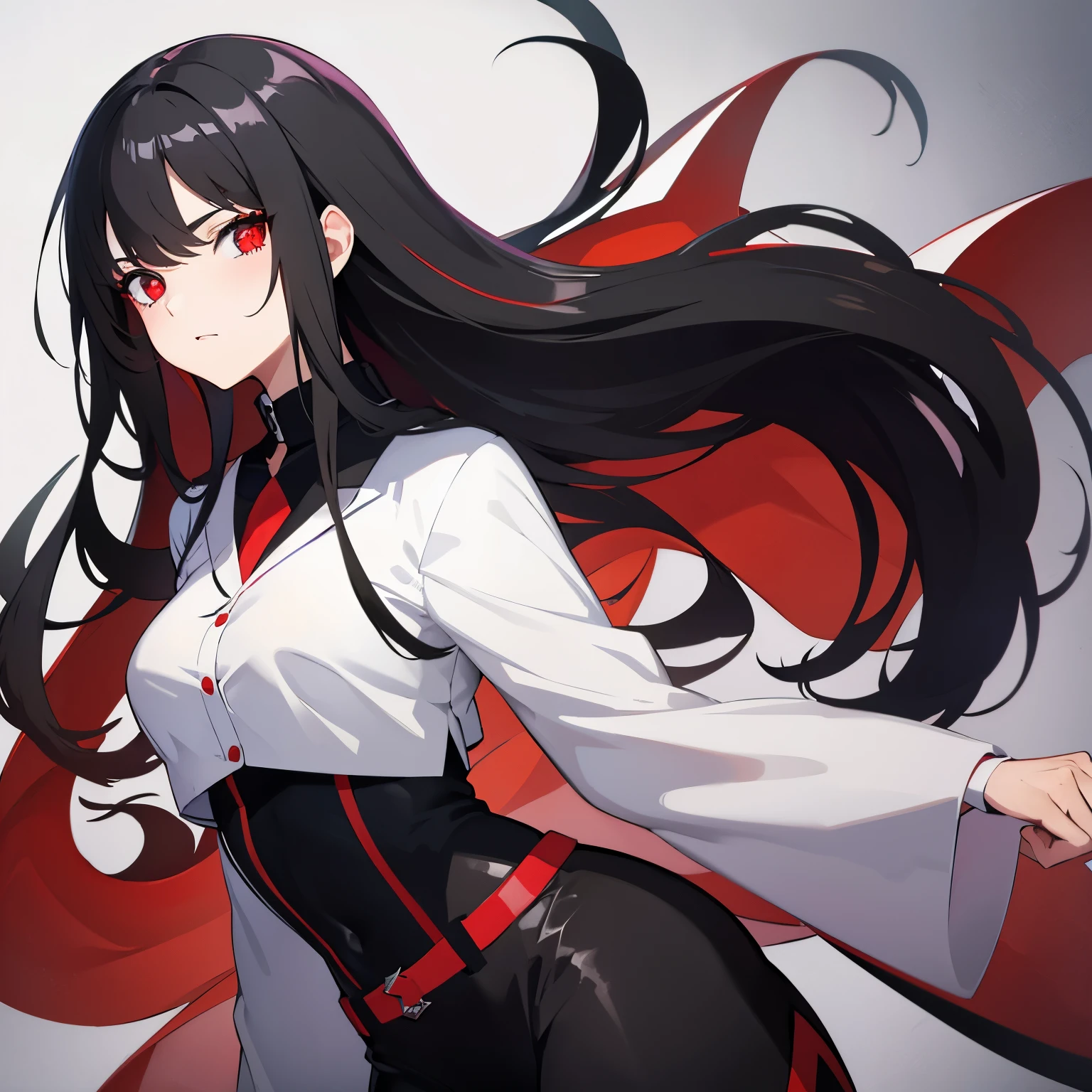 (masutepiece:1.2, Best Quality),  [1 girl, expressioness, oversized red coat, Black hair, Low ponytail, Red Eyes, body harnesses,black military uniform, black skirt, Jacket is taken off, ] (Gray white background:1.5),
