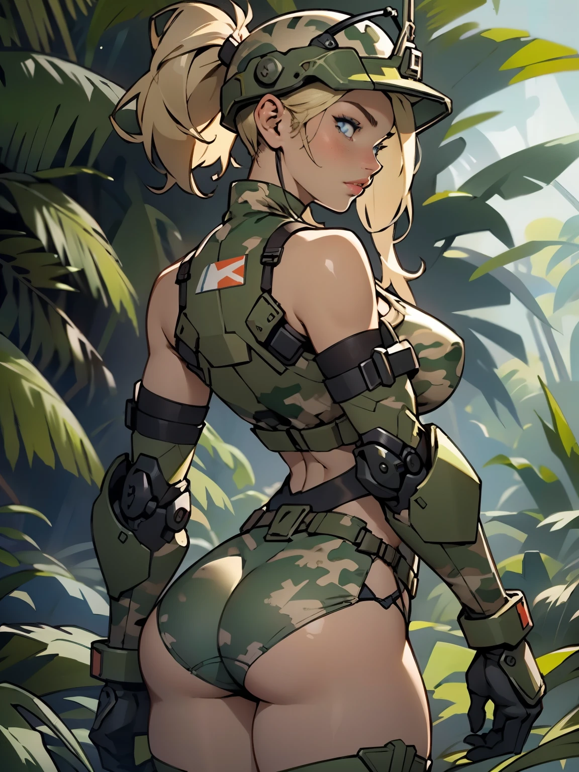 1woman 20 years old, max resolution, sculpted, military, wearing a soldier helmet, beautiful, perfect body, blonde hair, blue eyes, perfect body, thin waist, wide hips, large breasts, slim thighs, jungle background, armored vehicle, military robot, camouflaged uniform, tight panties, two-piece, highly detailed, high resolution, perfect hands, rear view, camo, from behind, bare shoulders