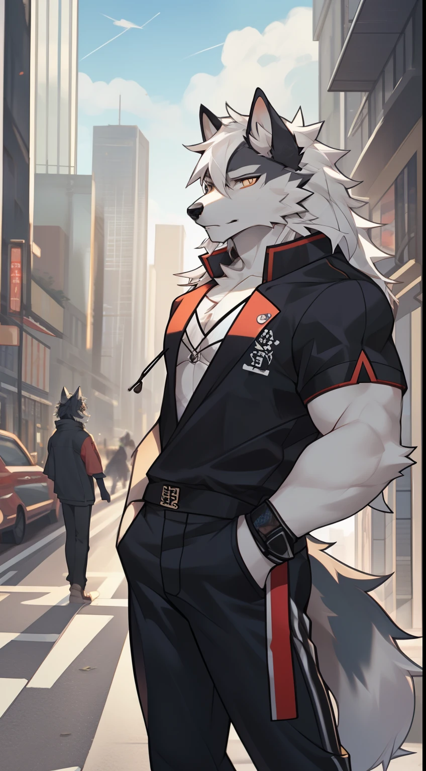 gray wolf,long white hair,City,golden pupils,Handsome,Have a better figure,Friendly,Cai Xukun's