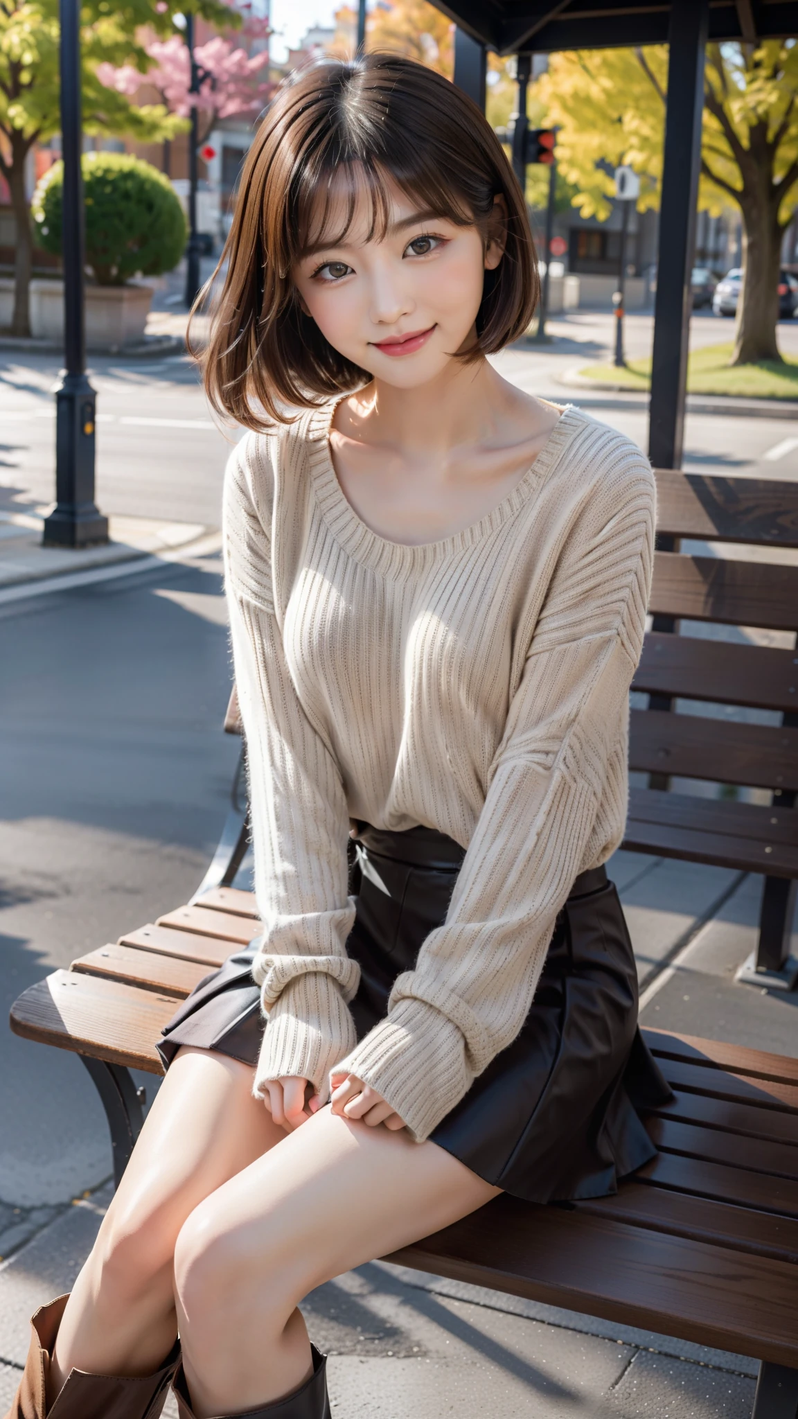 Photo taken by a professional photographer，laughter:1.5， wearing a sweater, short cut brown hair, young and cute girl, Wearing a flared skirt，Wear stylish boots，sit on a park bench:1.5，Flashy makeup with red eyeshadow，