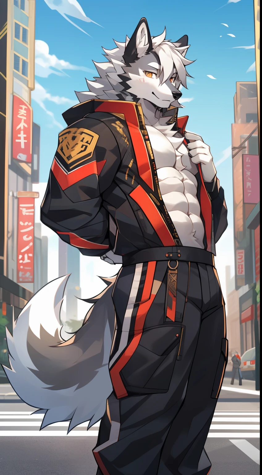 gray wolf,long white hair,City,golden pupils,Handsome,Have a better figure,Say hello by chance,Cai Xukun's