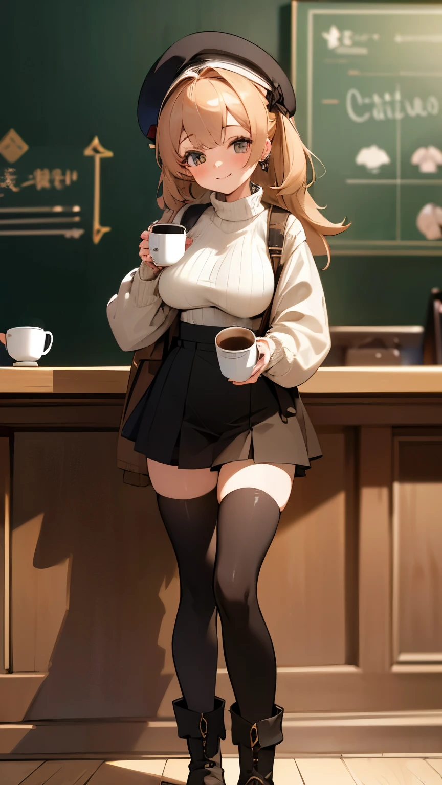 masterpiece, best quality, absurdres, highres, ultra-detailed, extremely detailed CG unity 8k wallpaper, 25 years old girl, sweater, skirt, thighhigh, boots, beret, smile, blush, standing in a coffee shop, big breast, earrings, holding a cup of coffee in her hand