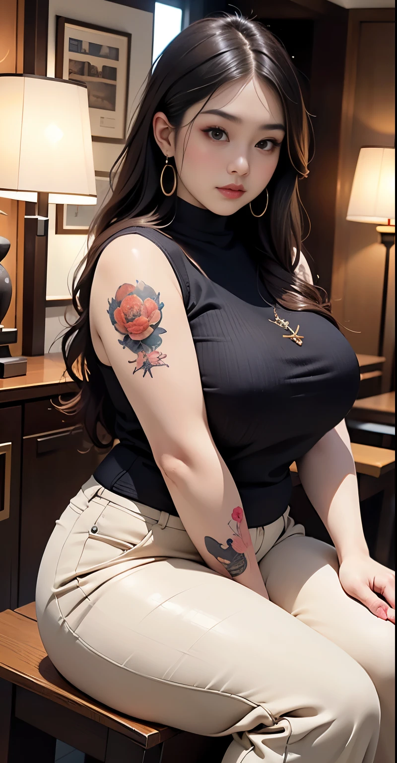 there is a woman sitting down with a longest brown hair, bbwchan, thicc, brown hijab outfit, brown hairstyle model, korean girl, korean woman, wearing brown robe, full length shot, alluring plus sized model, japanese goddess, clothed in hooded, voluptuous and arousing, portrait shot, curvy model, voluptuous body, wonderful, nene tanaka body , bbwchan, The overall atmosphere is smooth , haunting illustrations, extremely high-resolution details, photographic, realism pushed to extreme, fine texture, 4k, ultra-detailed, high quality, high contrast, red sneakers , cold atmosphere ,, cold atmosphere ,, ((Detailed texture of tattooed skin)), tattoo round breasts, irezumi tattoo style, tattoo on breasts, tttattoo, showing her thigh , tattoo on thigh, a close up of a woman with tattoos on her body, inked, tattooed body, fully tattooed body, tattooed, full-body tattoos, full - body tattoos, , full body tattoo, with tattoos, , tattoos, tattoos all over the skin, tattoos and piercings, ((Neka: 0.45)) LoRA, {{Big brother's tattooed woman Iremuzi tattoo style v1.0: 0.91}},, ((BohoAI v1.0 : 0.45)), wearing long pants