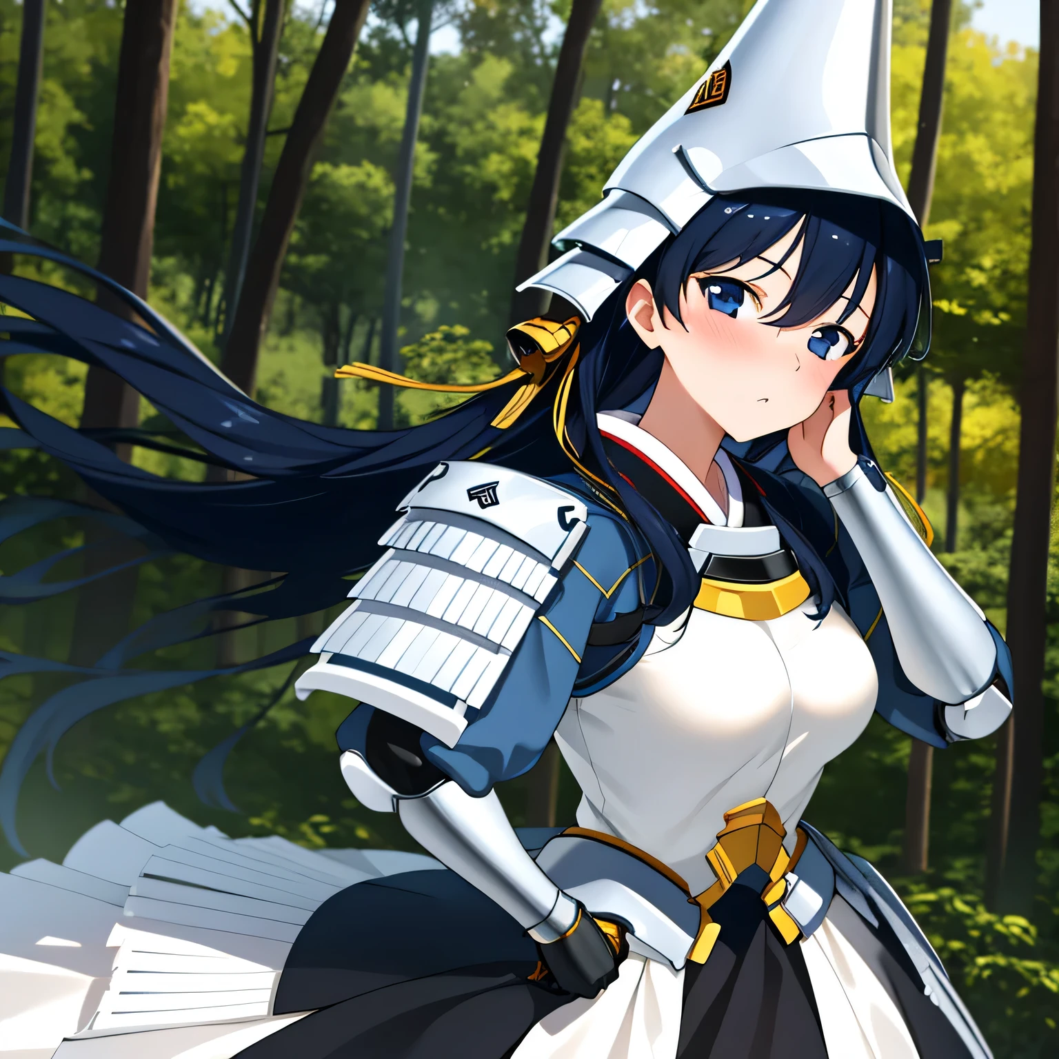 1 girl, alone, masterpiece, highest quality, very detailed, shape, uesugi kenshin (Lance), outdoors, forest, Upper body, put your hand on your face, armor, Helmet, looking at the viewer, blush, embarrassing, 