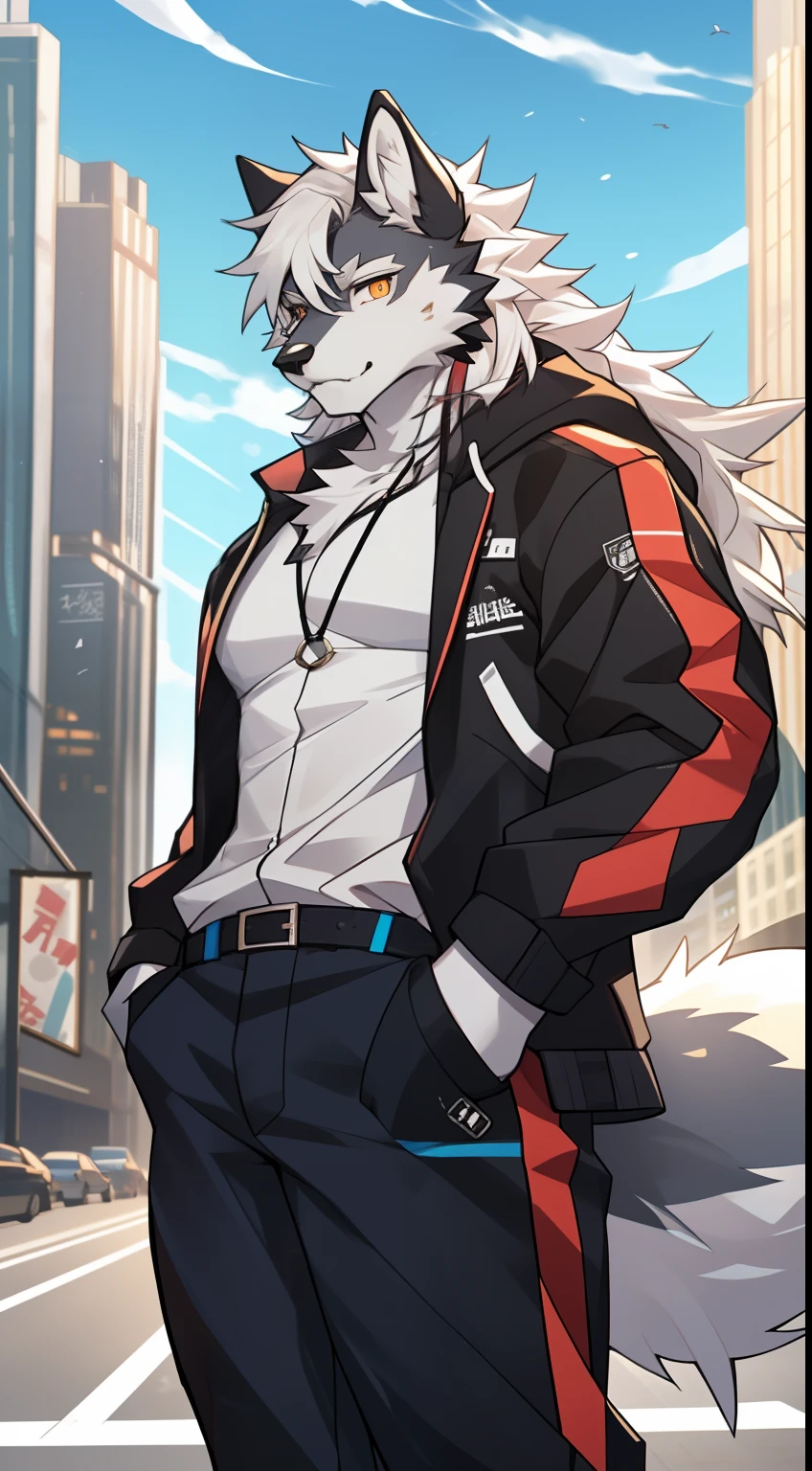 gray wolf,long white hair,City,golden pupils,Handsome,Have a better figure,Say hello by chance,Cai Xukun's