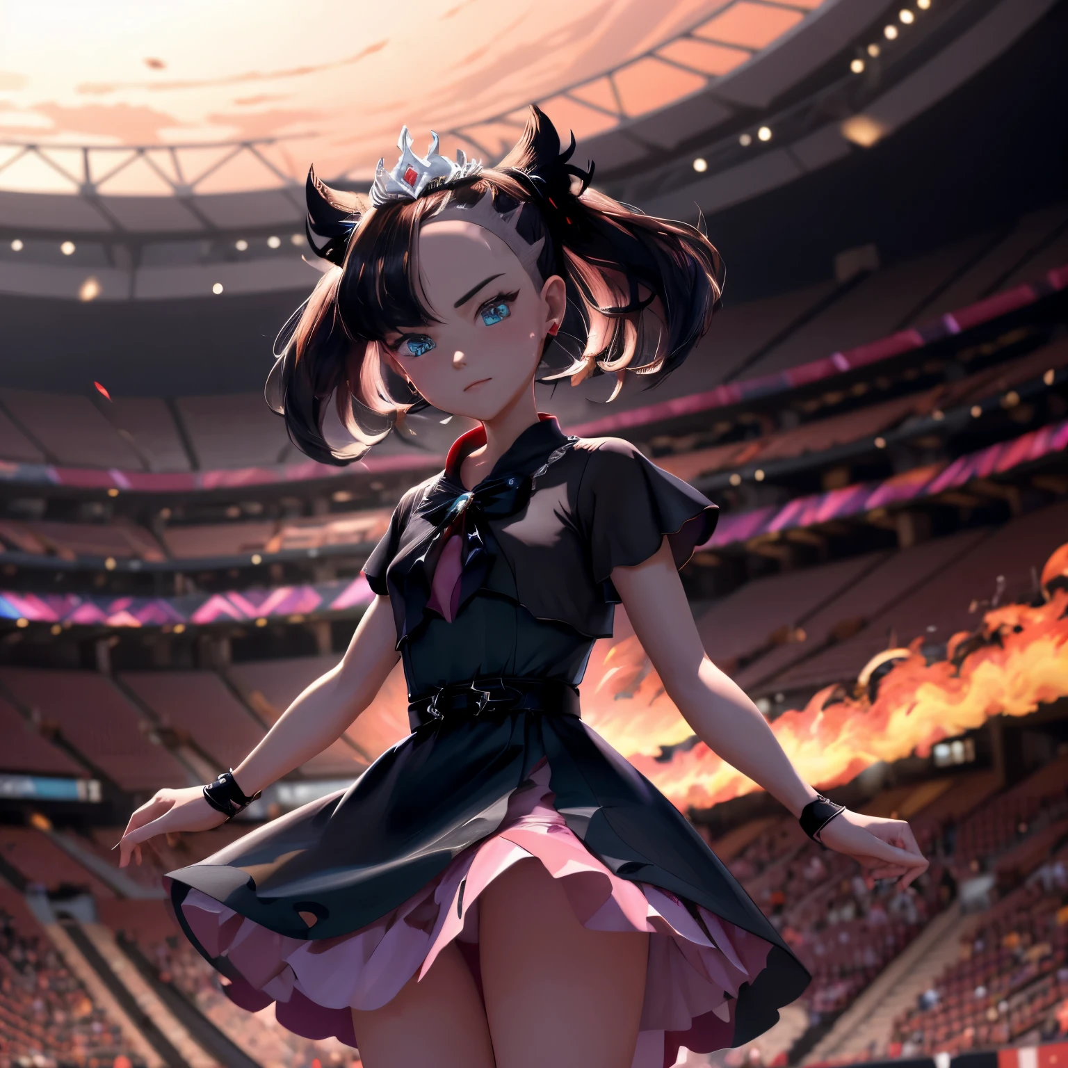 masterpiece, best quality, highres, hmmarnie, aqua eyes, black ribbon, tiara, earrings, jewelry, belt, black dress, pink dress, short sleeves, bow, standing, cowboy shot, neo champion, blush, extreme background, flames, stadium, shy pose, fingerless gloves  