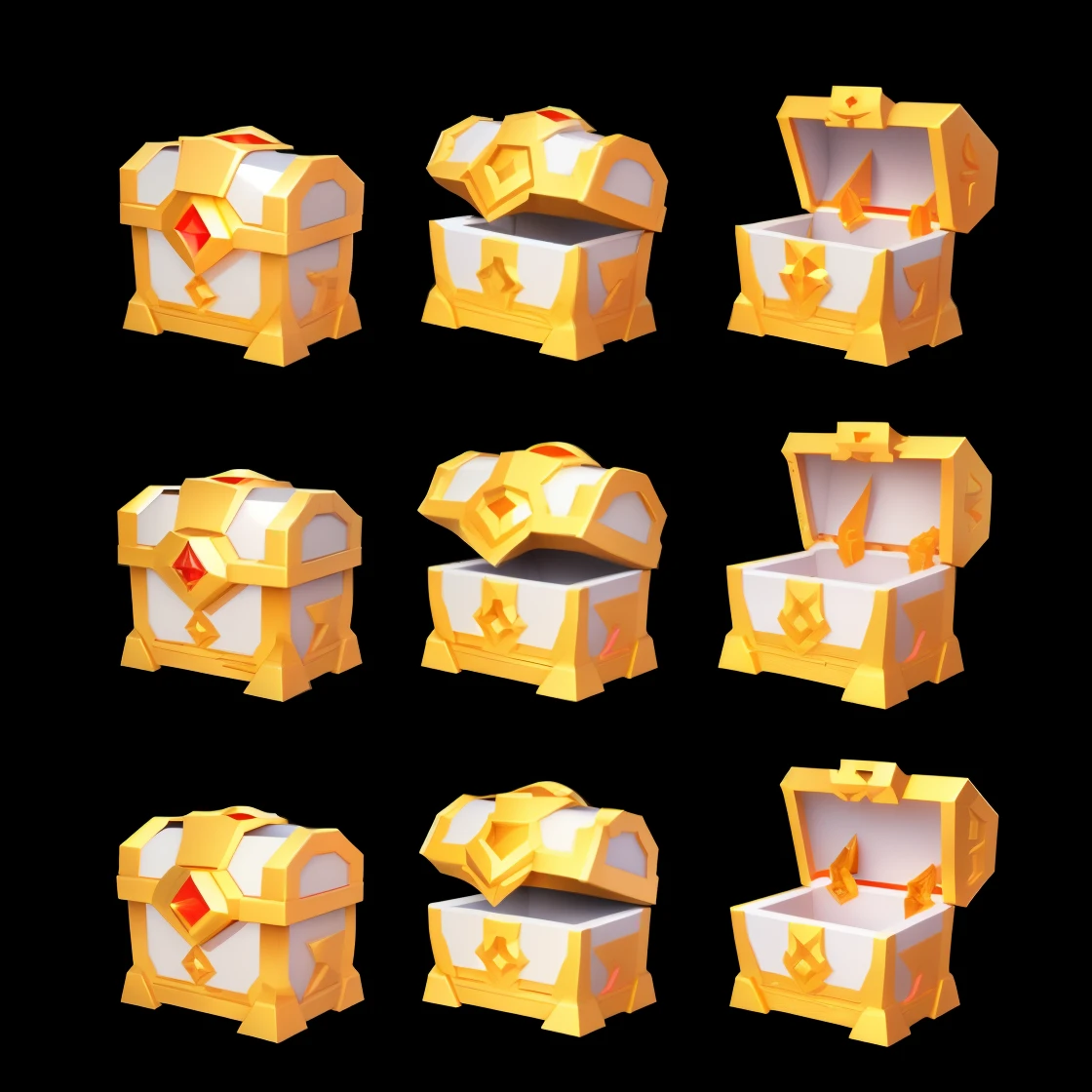 one is closed, One open, Chinese style（（Chinese style））user interface design,treasure chest, stylized game art, 3D icons for mobile games, Game icon resources, Game UI asset design, treasure chest, Stylized gaming icons, Isometric UL interface with 3d elements, 3d rendering, hologram, high detail, 8k，red，gold
