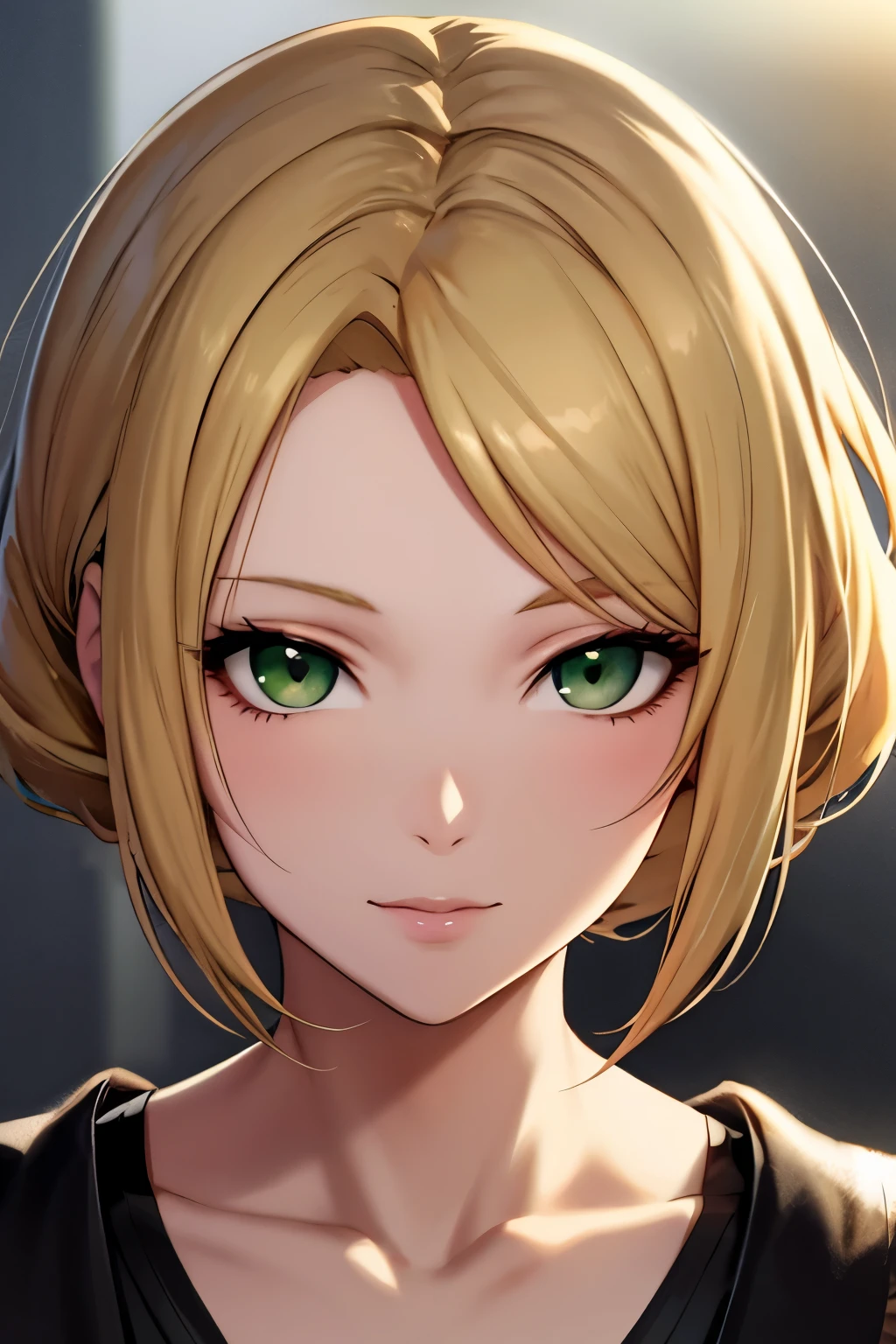anime style hand drawn, 1 blonde girl with blond hair pulled back, there is no bangs, Beautiful face, ((Green eyes)), common pose, medium length shoulder length hair, (lightroom:1.13), soft light, (natural skin texture:1.2), sharp focus, concentrated, looks at the camera, full face