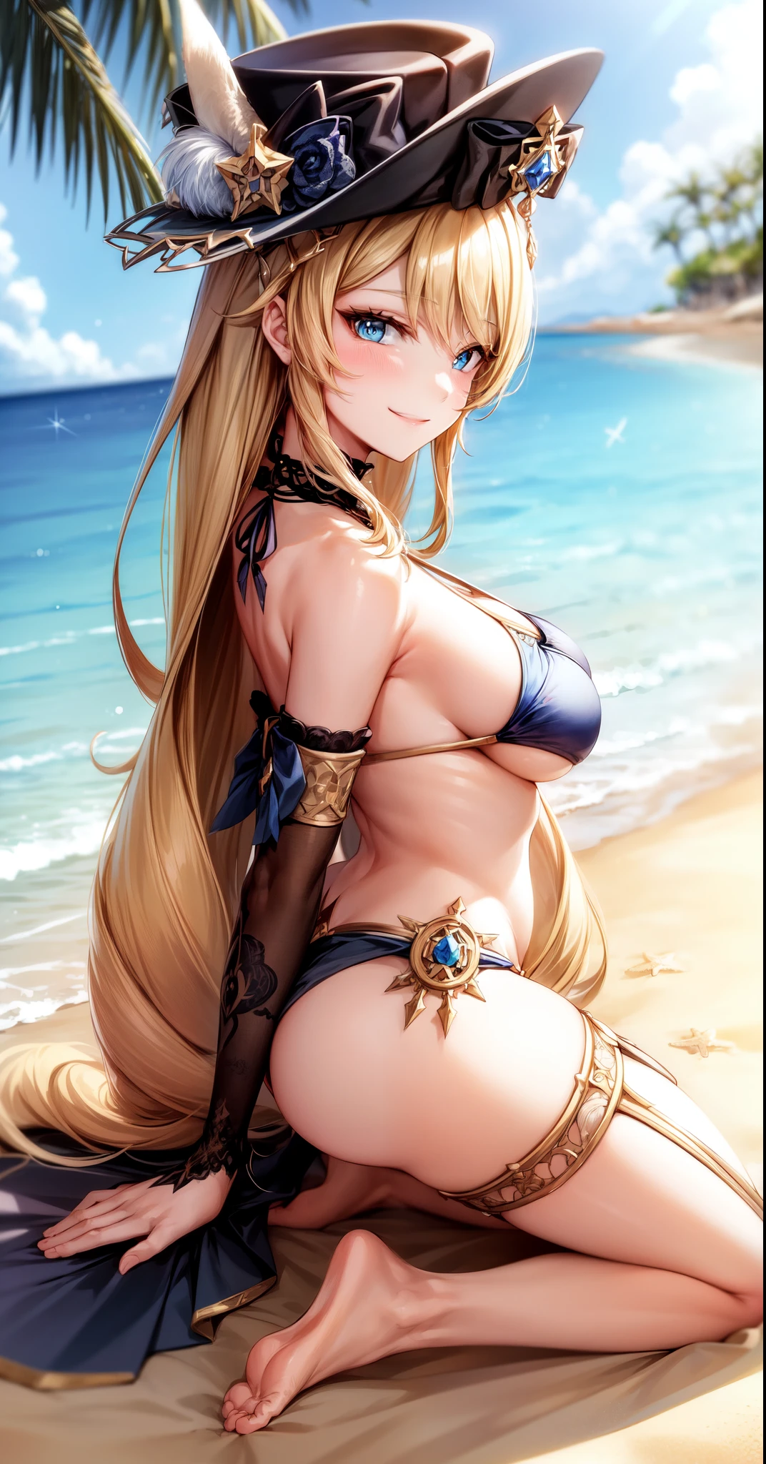 anime, beautiful face, highly detailed face, 2 accurate legs, blue detailed eyes, highly detailed beach background, perfect lighting, best body lighting, navia hat, 1girl, solo, navia, genshin impact, outdoors, beautiful blonde long hair, absurdres, high res, ultrasharp, 8K, masterpiece, looking at viewer, (happy smile:1.2), blushing loads, BREAK (detailed sexy beach bikini:1.4), all intricate lace, (elegant pose:1.2), (view from side:1.1), ass view, looking over her shoulders, (kneeling down on the beach:1.2)