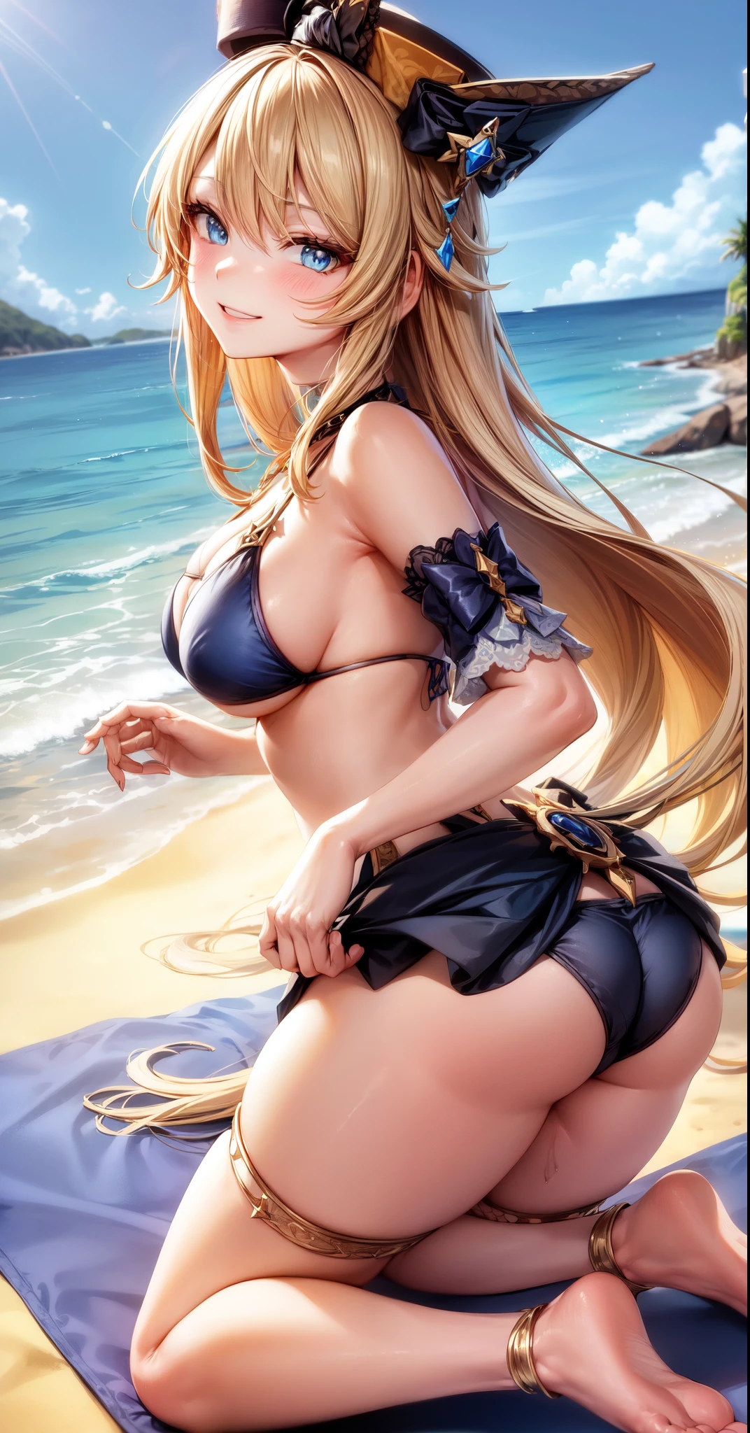 anime, beautiful face, highly detailed face, 2 accurate legs, blue detailed eyes, highly detailed beach background, perfect lighting, best body lighting, navia hat, 1girl, solo, navia, genshin impact, outdoors, beautiful blonde long hair, absurdres, high res, ultrasharp, 8K, masterpiece, looking at viewer, (happy smile:1.2), blushing loads, BREAK (detailed sexy beach bikini:1.4), all intricate lace, (elegant pose:1.2), (view from side:1.1), ass view, looking over her shoulders, (kneeling down on the beach:1.2)