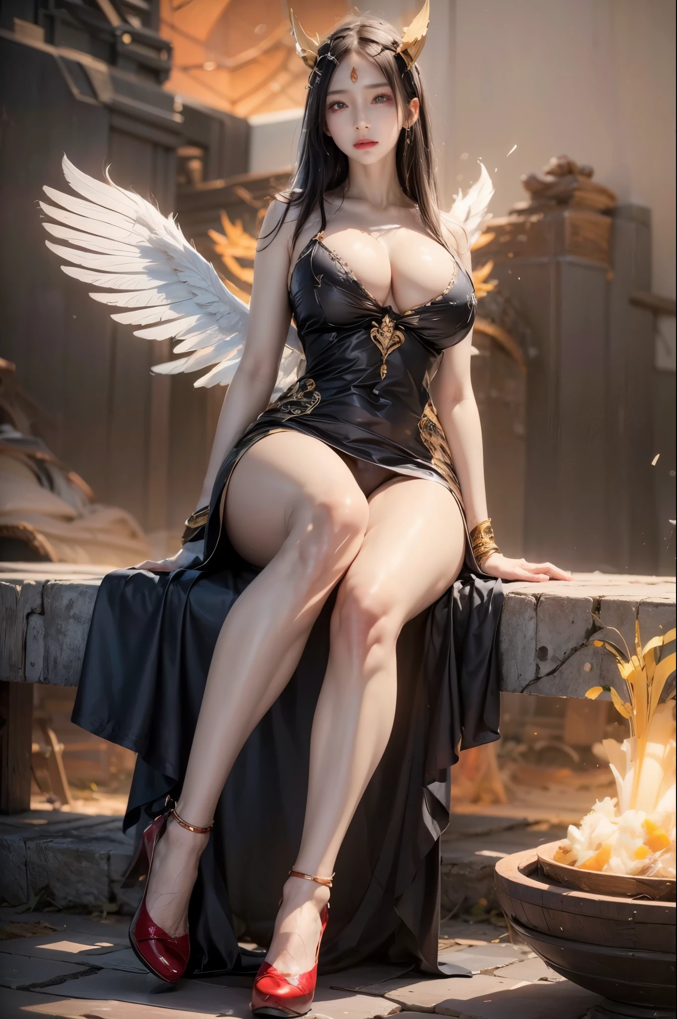 realistic, 1 women , Per HD, 12k, 1080p, wearing Allstars shoes, slim body, rather big body, six pack body, big round breasts, no clothes, beautiful breasts, looking at the camera, sitting on the sofa, transparent and genitals clear, long black hair, face details, person details, body details, clothing details, hair details, body details, body details, breast details, vagina details, clothes, eye details, sweat details, water details, pose (knees bent and feet opened wide) whole body