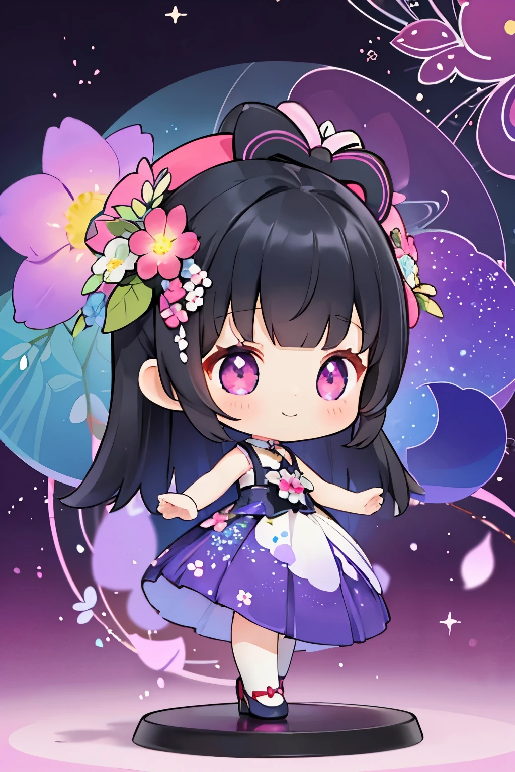 Extremely detailed,(Fractal Art:1.1),(Colorful:1.1)(Flowers:1.3)、 (Dynamic Pose), (Abstract background:1.3)、(Many colors:1.4)、Place one small doll on a circular stand、kawaii pose、A smile、A dark-haired、Chibi Doll、Stars in the eyes（kirakira）、Singing with microphone in hand、Eye Up、Laugh、Cute red shoes、Ultra Detail, radiant light、bio luminescent、Stronger bokeh effect、Taken from the side