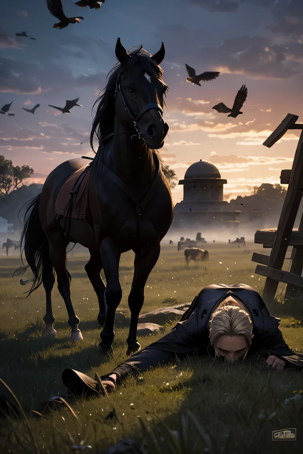 Background ancient war,There are male corpses on the ground,Crows gnaw on male corpses,Time evening,There are scarred horses bleating nearby