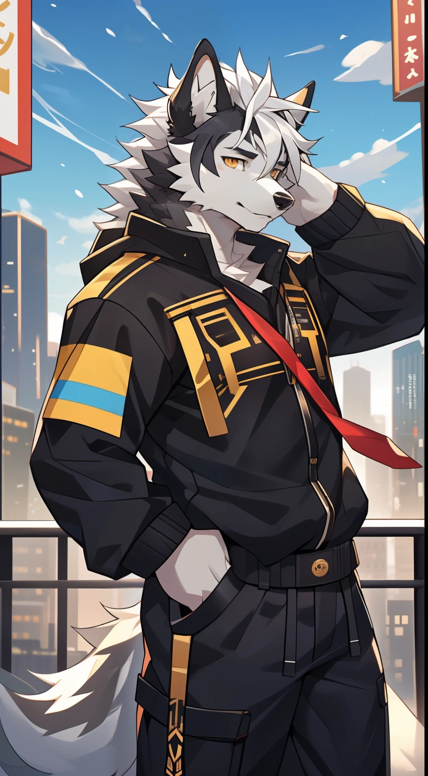 gray wolf,long white hair,City,golden pupils,Handsome,Have a better figure,Say hello by chance,Cai Xukun's