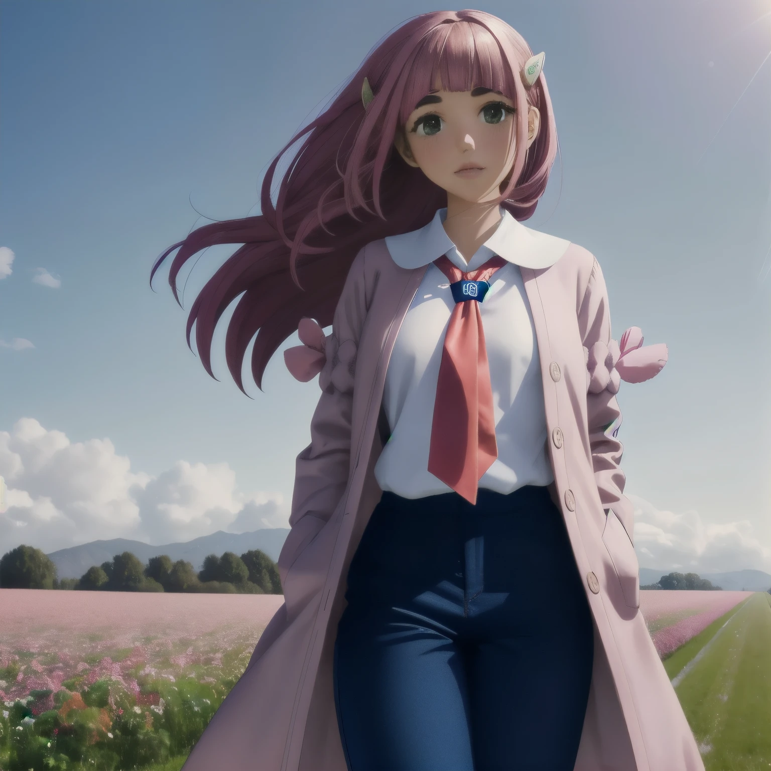 A girl with pink hair is standing alone in a sunny, flower-filled field. She is wearing a coat over a white shirt and blue pants, with a necktie. Her skin is highly detailed, with a blush on her cheeks. The scene is  with vibrant colors and dreamy lighting. The overall quality of the image is the highest possible, with high resolution and sharp focus.