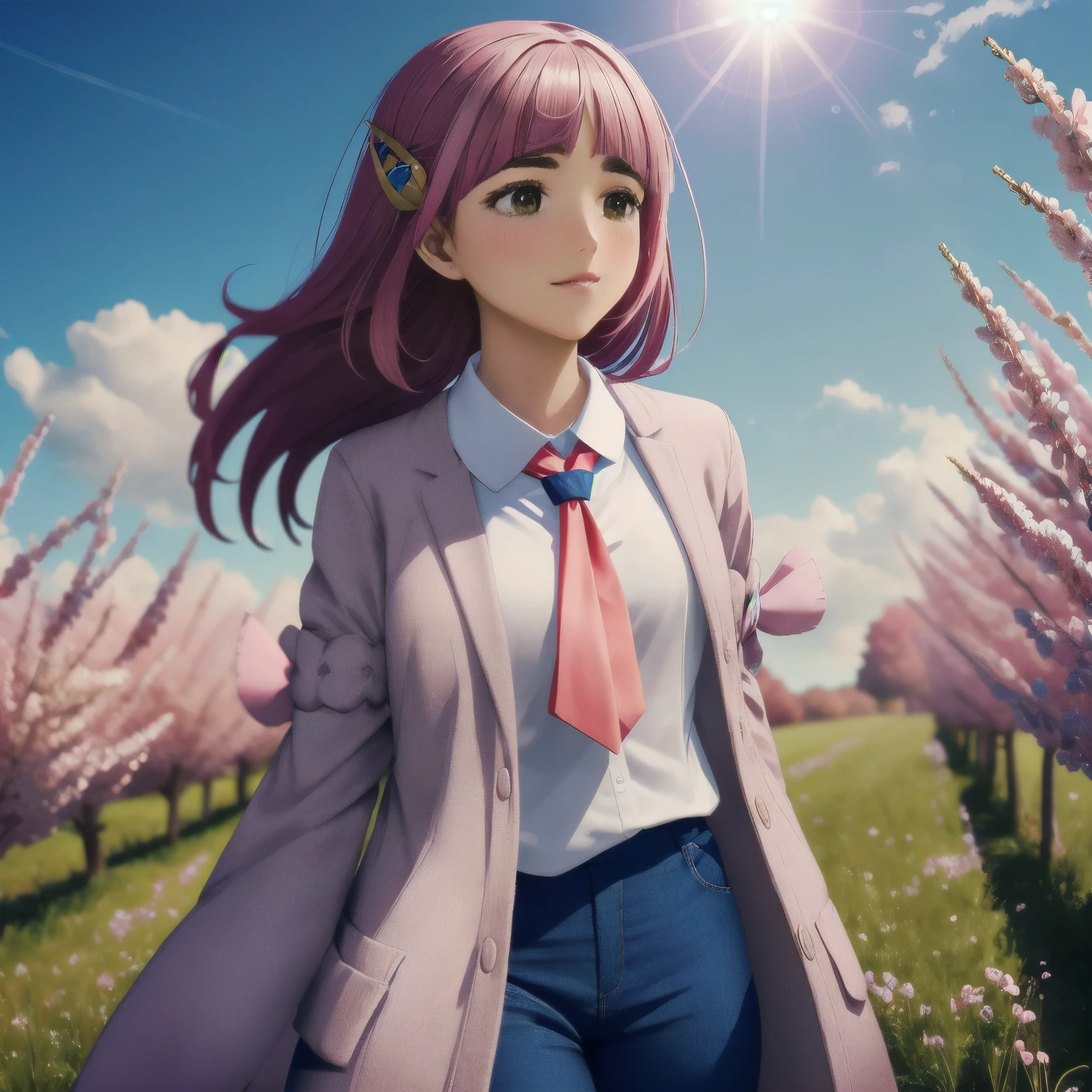 A girl with pink hair is standing alone in a sunny, flower-filled field. She is wearing a coat over a white shirt and blue pants, with a necktie. Her skin is highly detailed, with a blush on her cheeks. The scene is  with vibrant colors and dreamy lighting. The overall quality of the image is the highest possible, with high resolution and sharp focus.