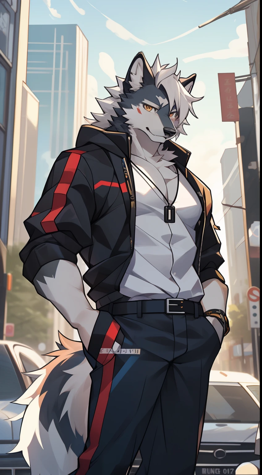 gray wolf,long white hair,City,golden pupils,Handsome,Have a better figure,Say hello by chance,Cai Xukun's